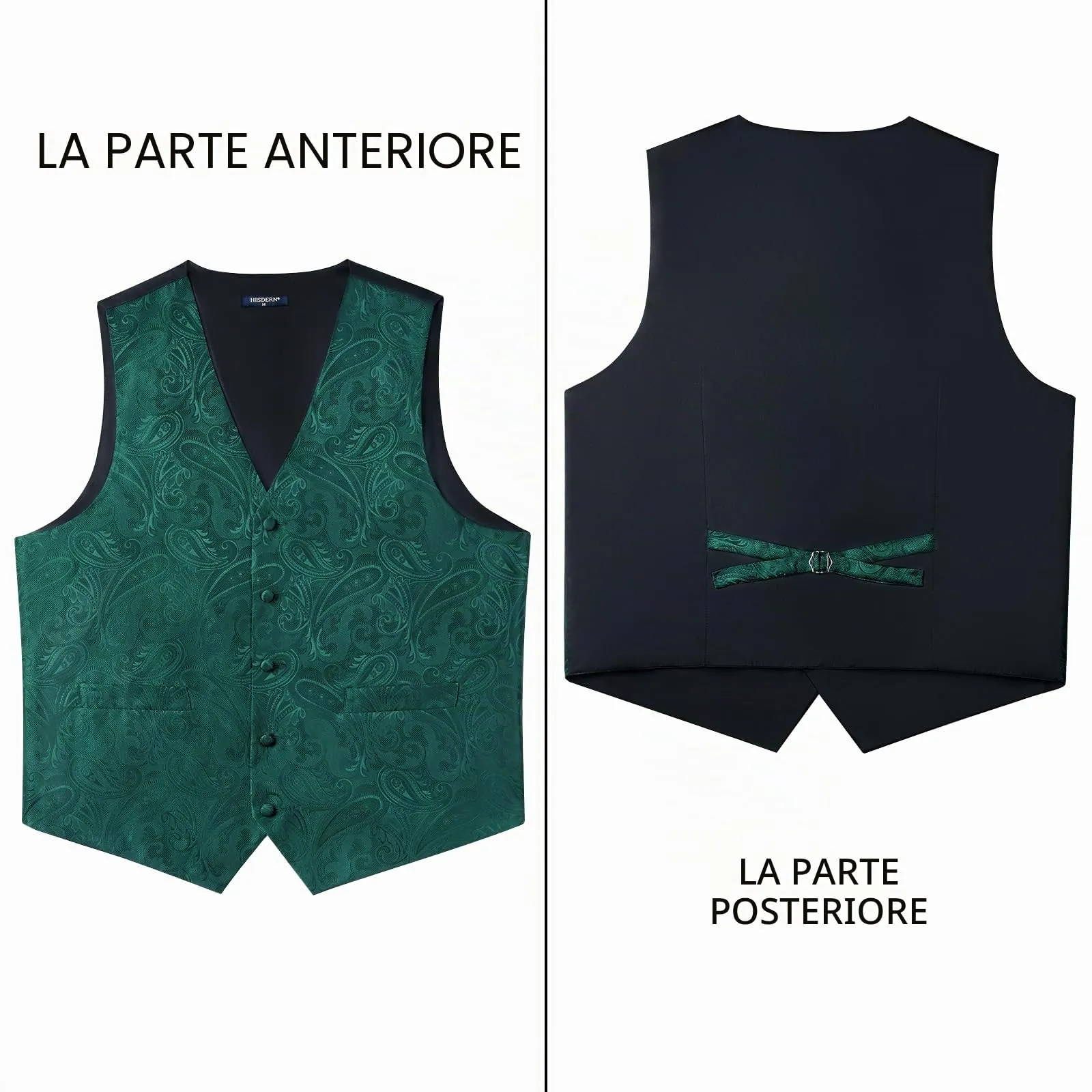 HISDERN Gilet da uomo in Jacquard con motivo Paisley, set completo con cravatta e fazzoletto, Verde-n., XXL - immagine 4