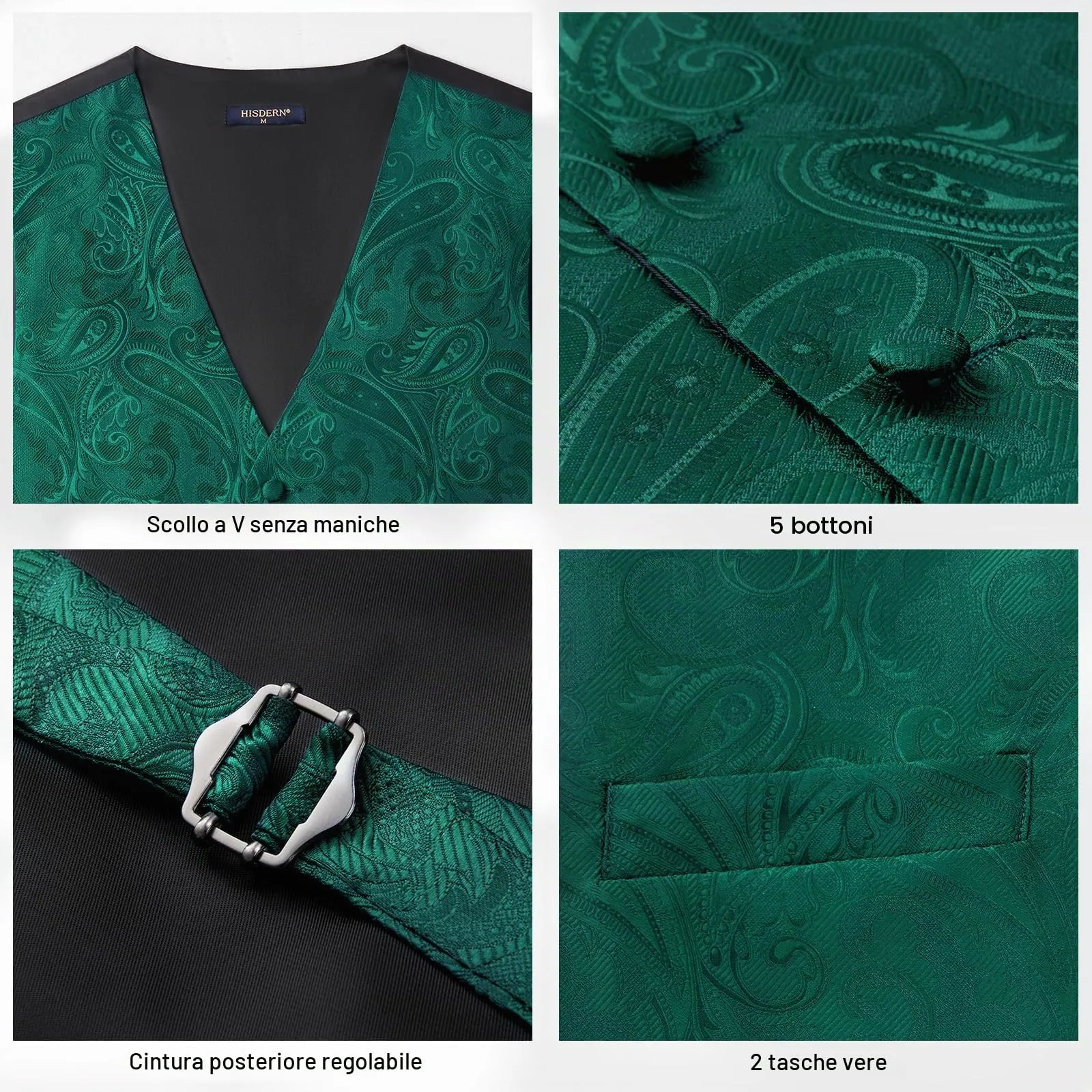 HISDERN Gilet da uomo in Jacquard con motivo Paisley, set completo con cravatta e fazzoletto, Verde-n., XXL - immagine 5