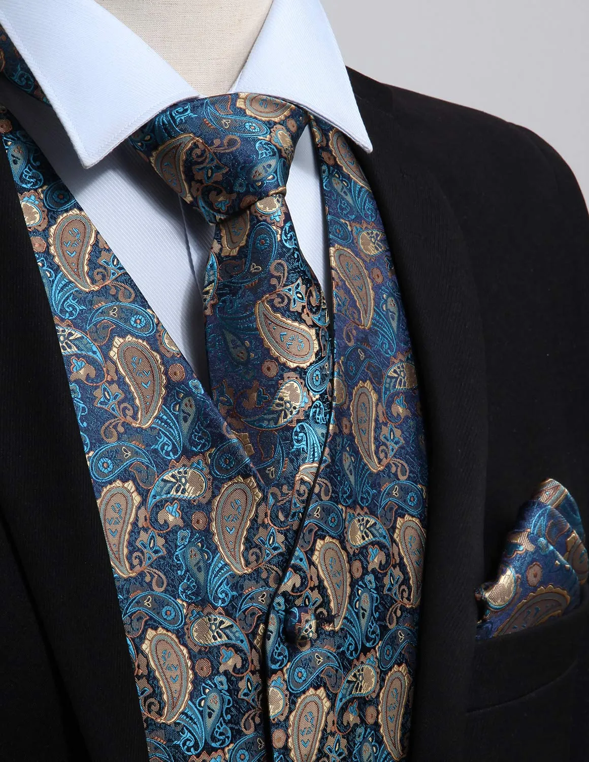 Hisdern Set Gilet, Cravatta e Fazzoletto da Taschino da Uomo in Jacquard con Motivo Floreale Paisley, XL - immagine 3