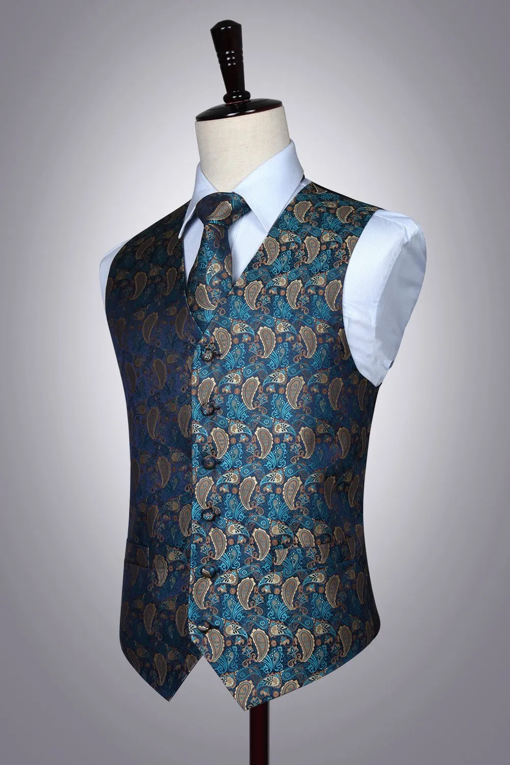 Hisdern Set Gilet, Cravatta e Fazzoletto da Taschino da Uomo in Jacquard con Motivo Floreale Paisley, XL - immagine 7