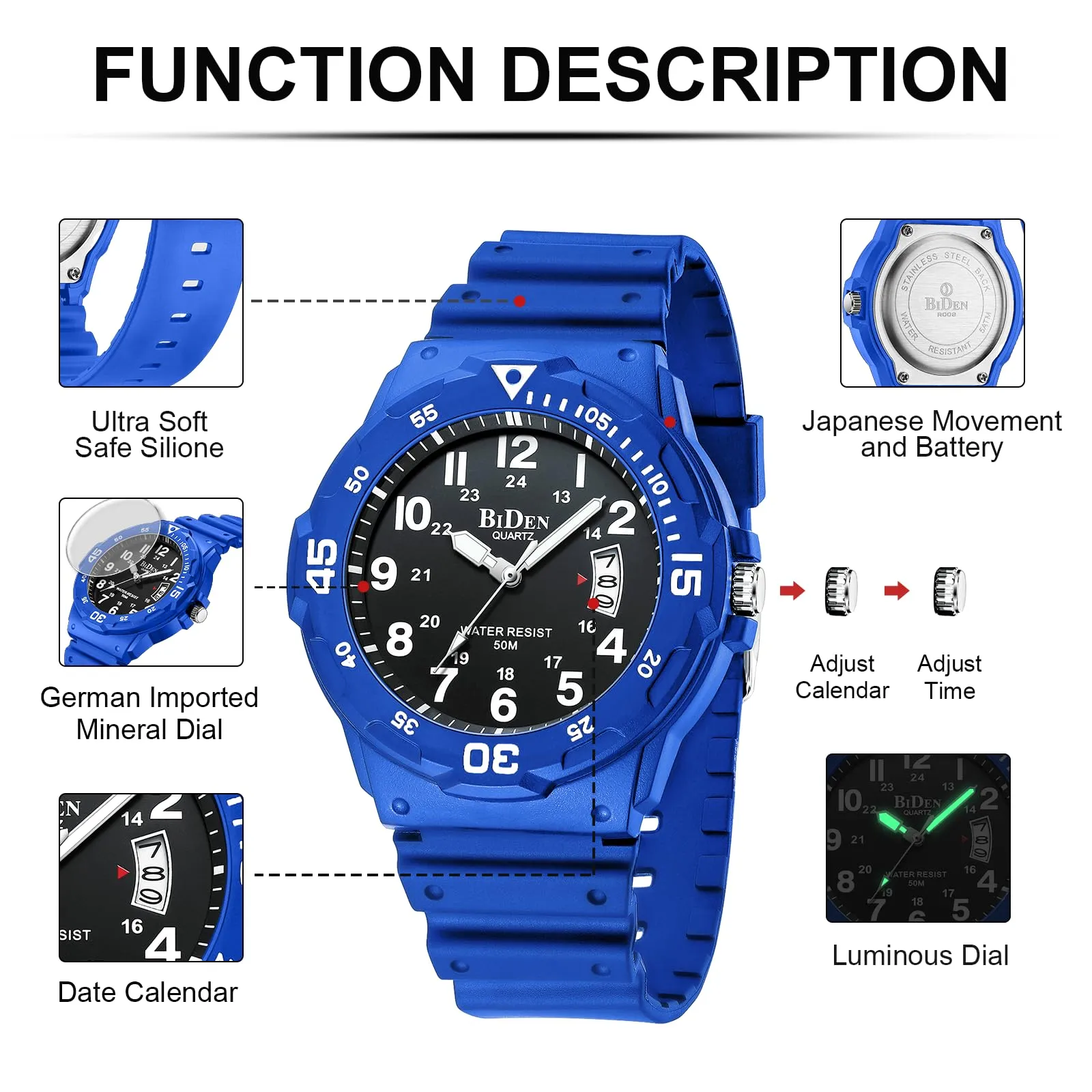 HANPOSH Orologio Uomo Analogico Quarzo Impermeabile con Data Luminosa R009 - immagine 7