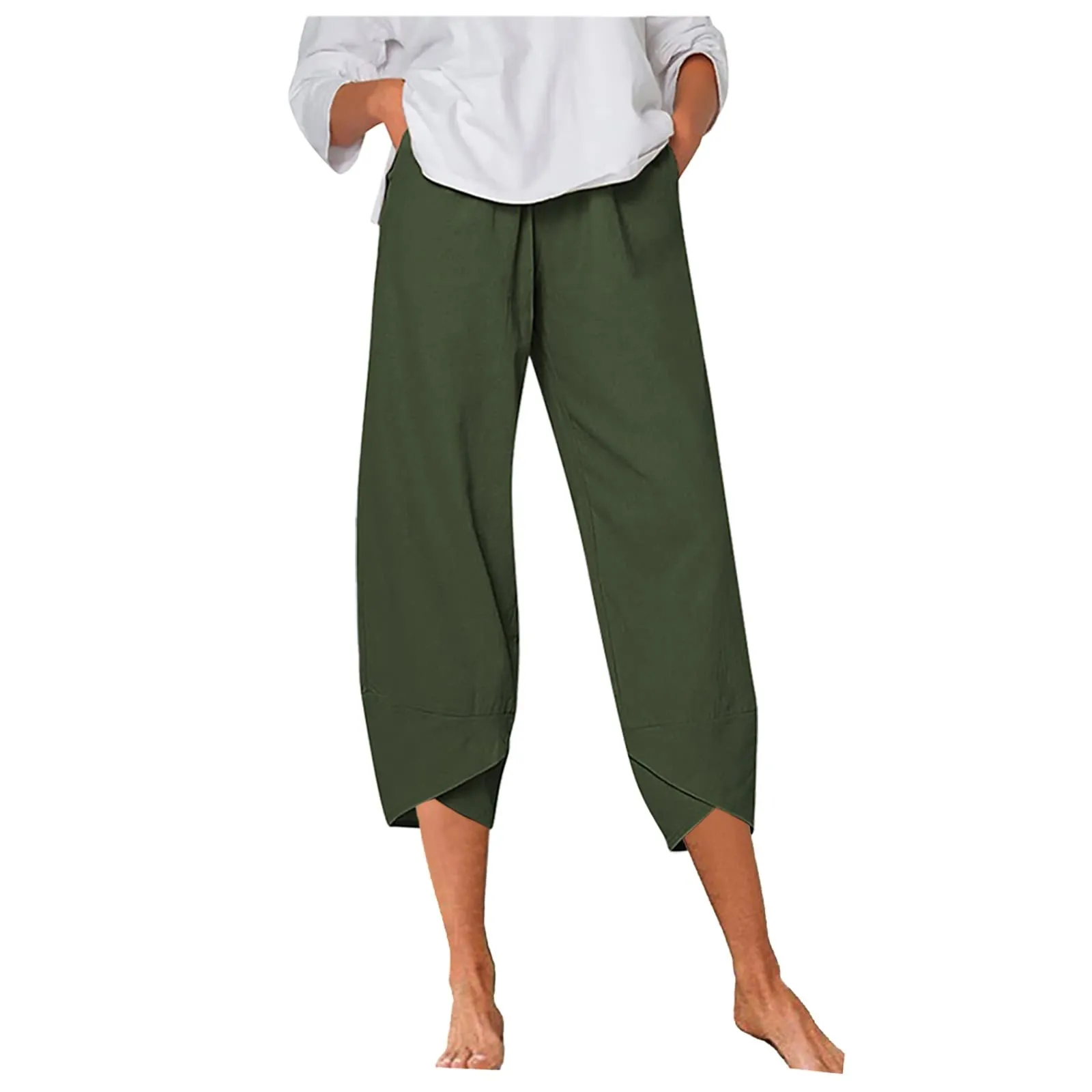 HEONSATI Pantaloni a Tre Quarti Donna in Cotone e Lino Estivi Casual Pinocchietti Cropped a Gamba Larga con Coulisse Regolabile - immagine 1