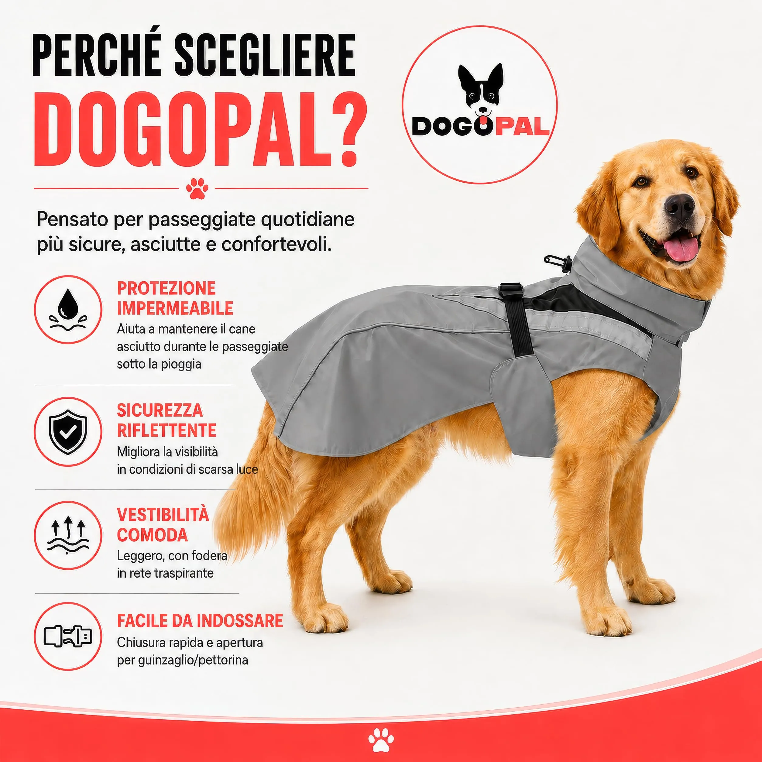 DOGOPAL Impermeabile Catarifrangente per Cane, Giacca Antipioggia con Apertura per Guinzaglio, Grigio, L - immagine 11