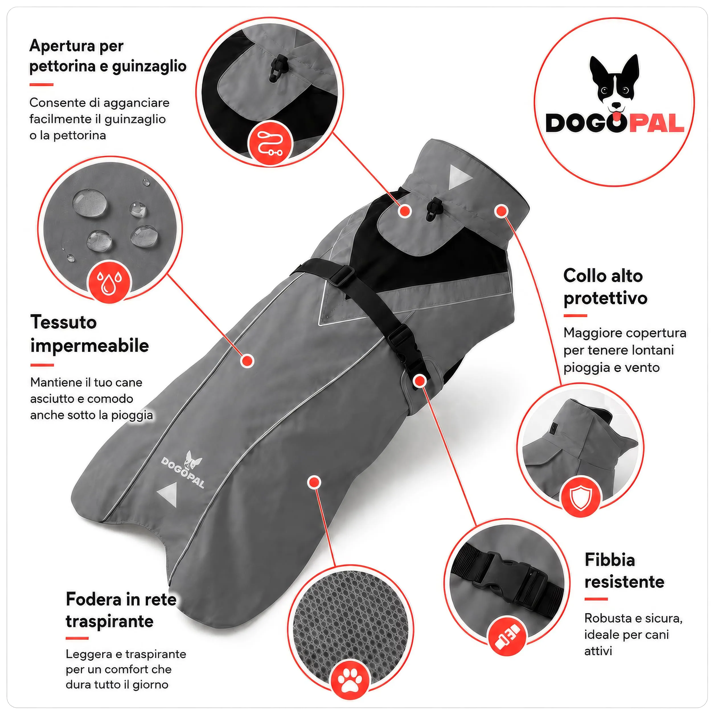 DOGOPAL Impermeabile catarifrangente per cane, Grigio, M - immagine 3