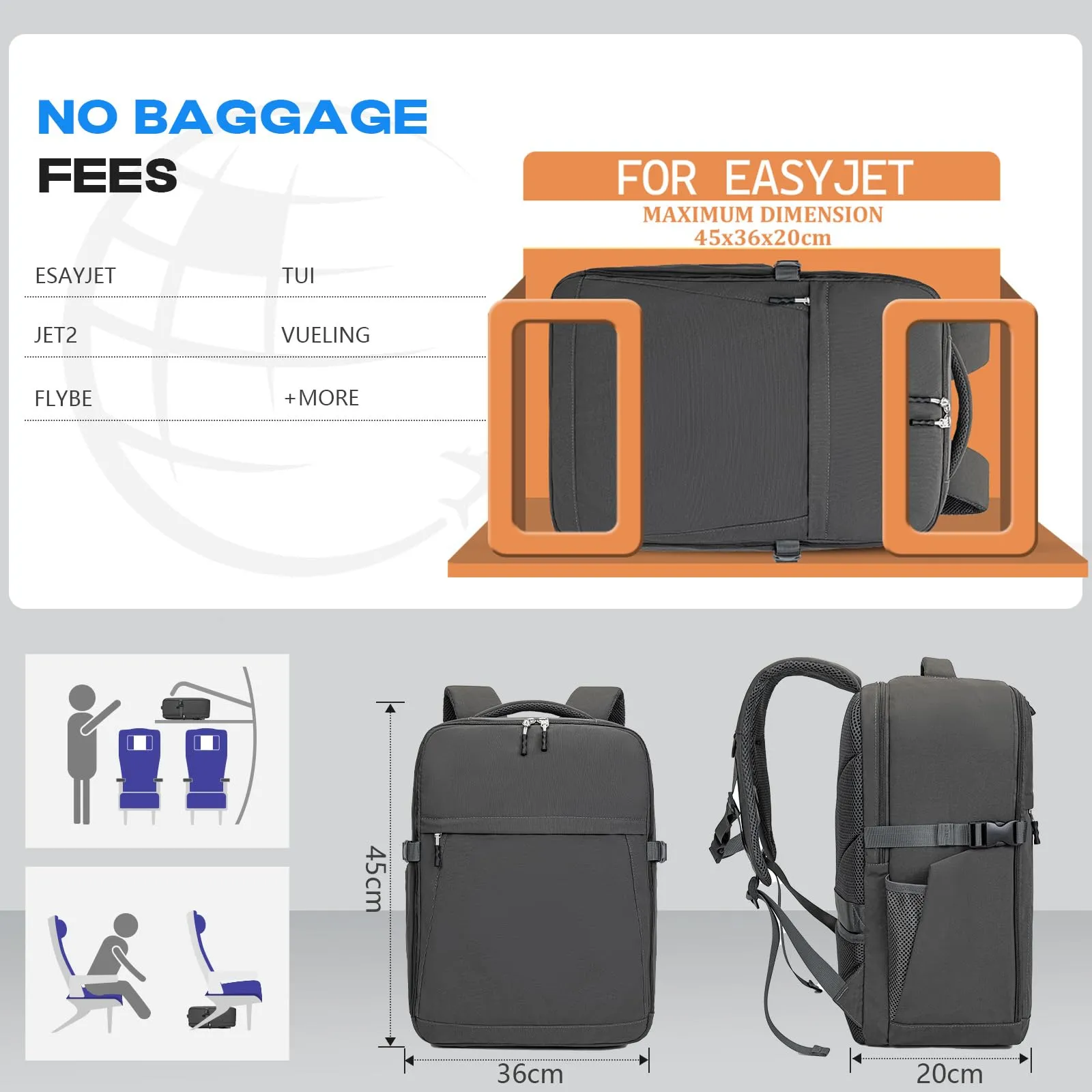 Xkdoai Zaino da Viaggio per EasyJet Bagaglio a Mano 45x36x20 cm - immagine 2