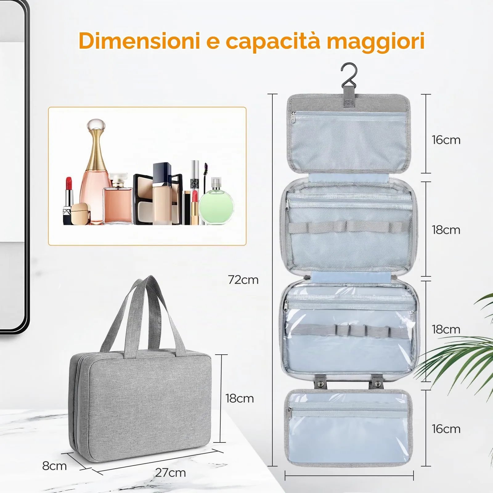 AiQInu Beauty Case da Viaggio, Borsa da Toilette Impermeabile con Gancio per Appendere, Grigio - immagine 2