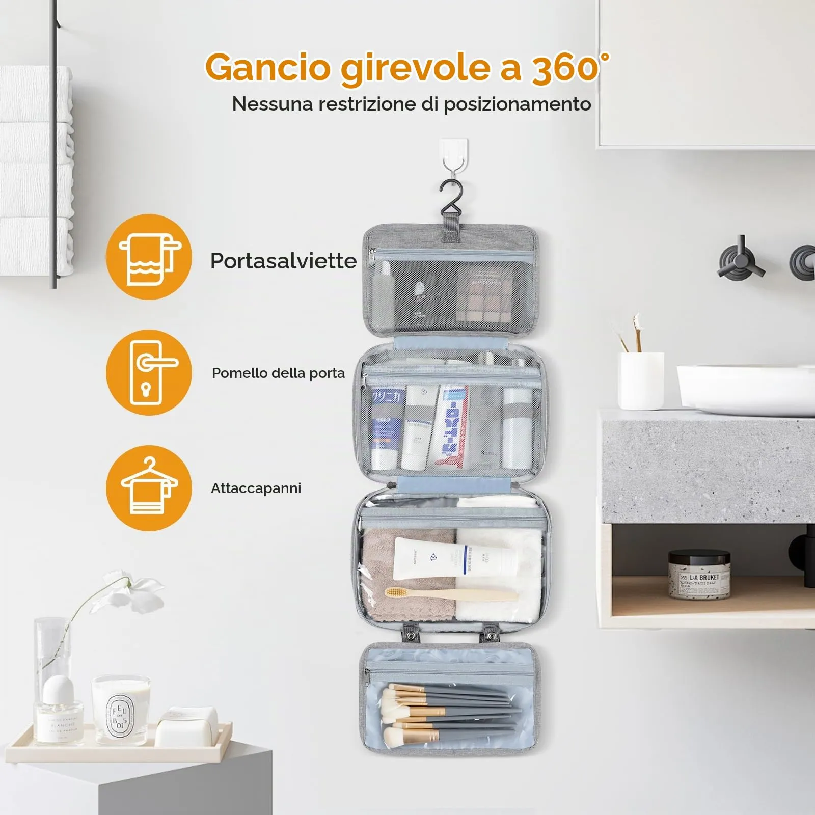 AiQInu Beauty Case da Viaggio, Borsa da Toilette Impermeabile con Gancio per Appendere, Grigio - immagine 4