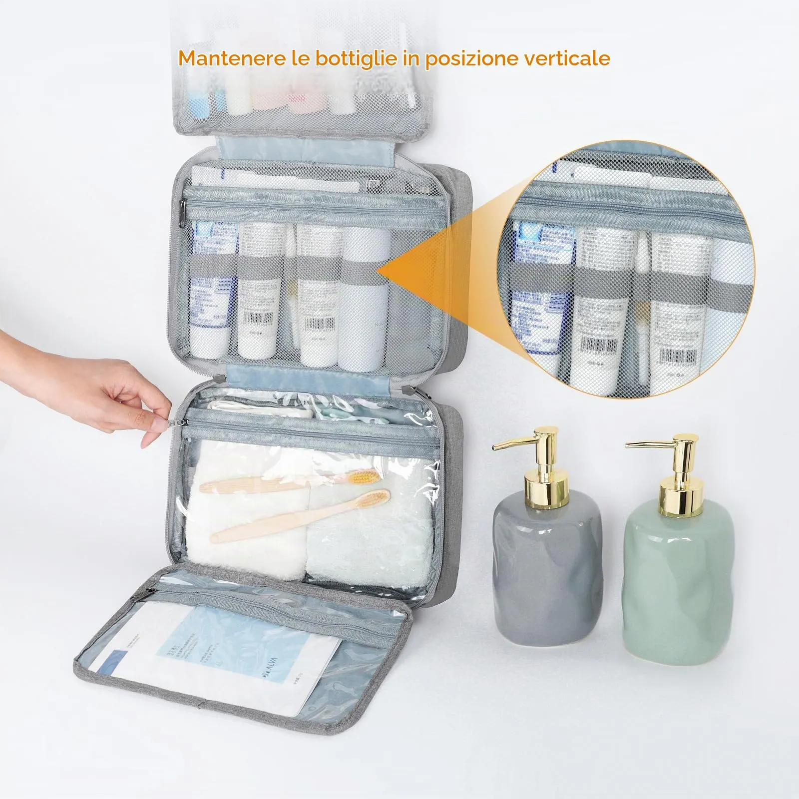 AiQInu Beauty Case da Viaggio, Borsa da Toilette Impermeabile con Gancio per Appendere, Grigio - immagine 5