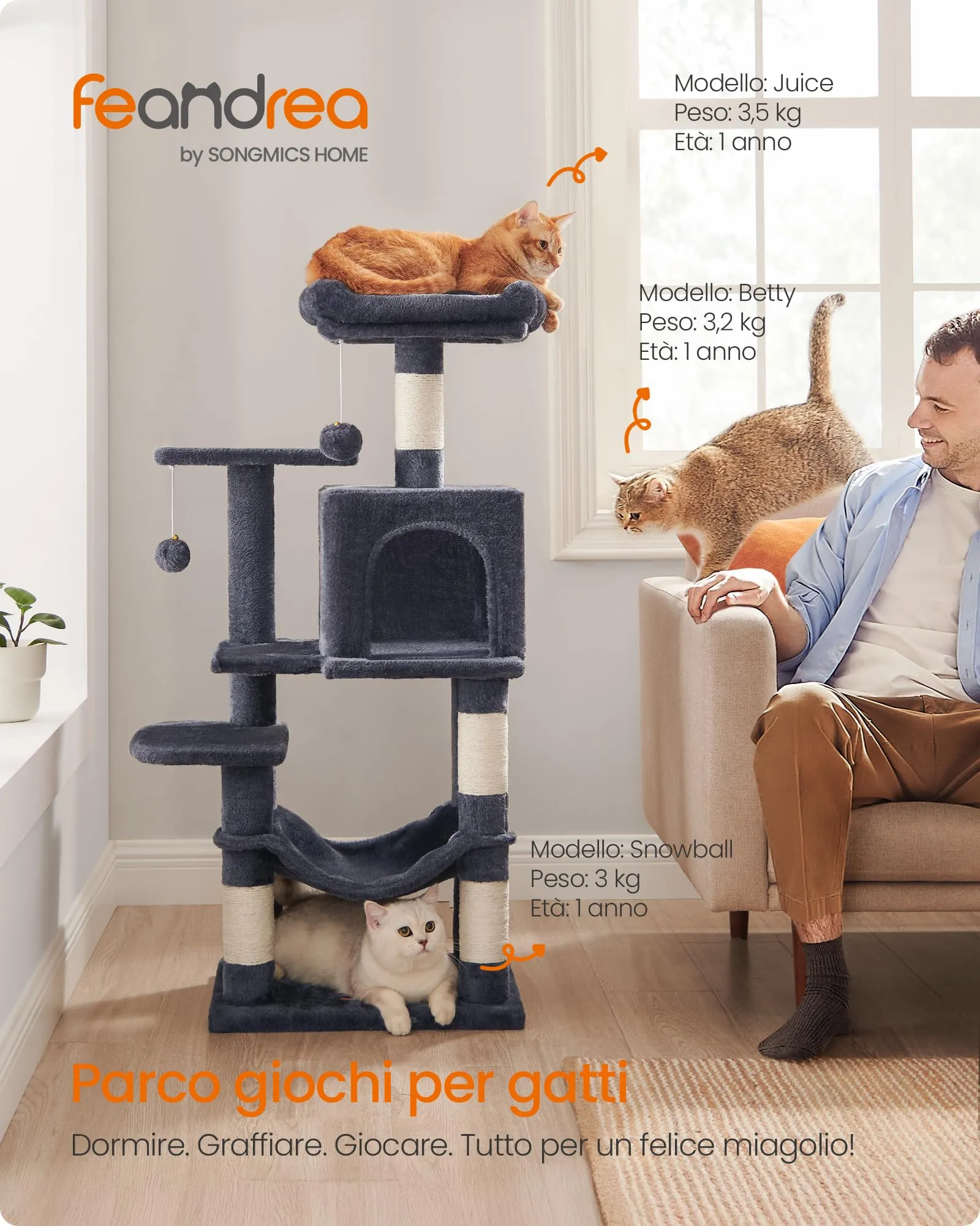 Feandrea Albero per Gatti, 112 cm, 4 Pali Graffiatoi, Multilivello, Grigio Scuro - immagine 3