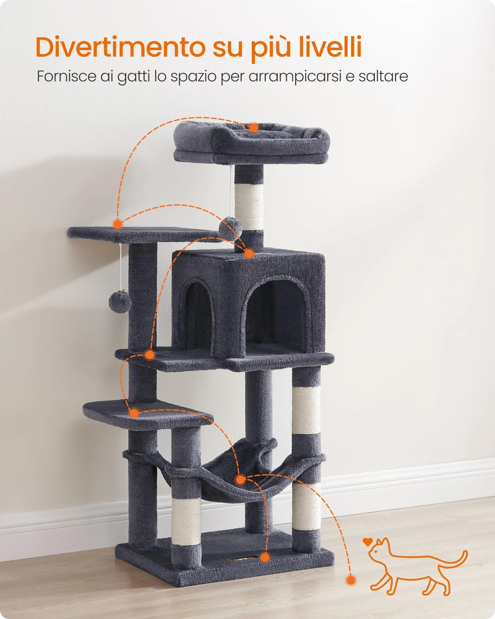 Feandrea Albero per Gatti, 112 cm, 4 Pali Graffiatoi, Multilivello, Grigio Scuro - immagine 4