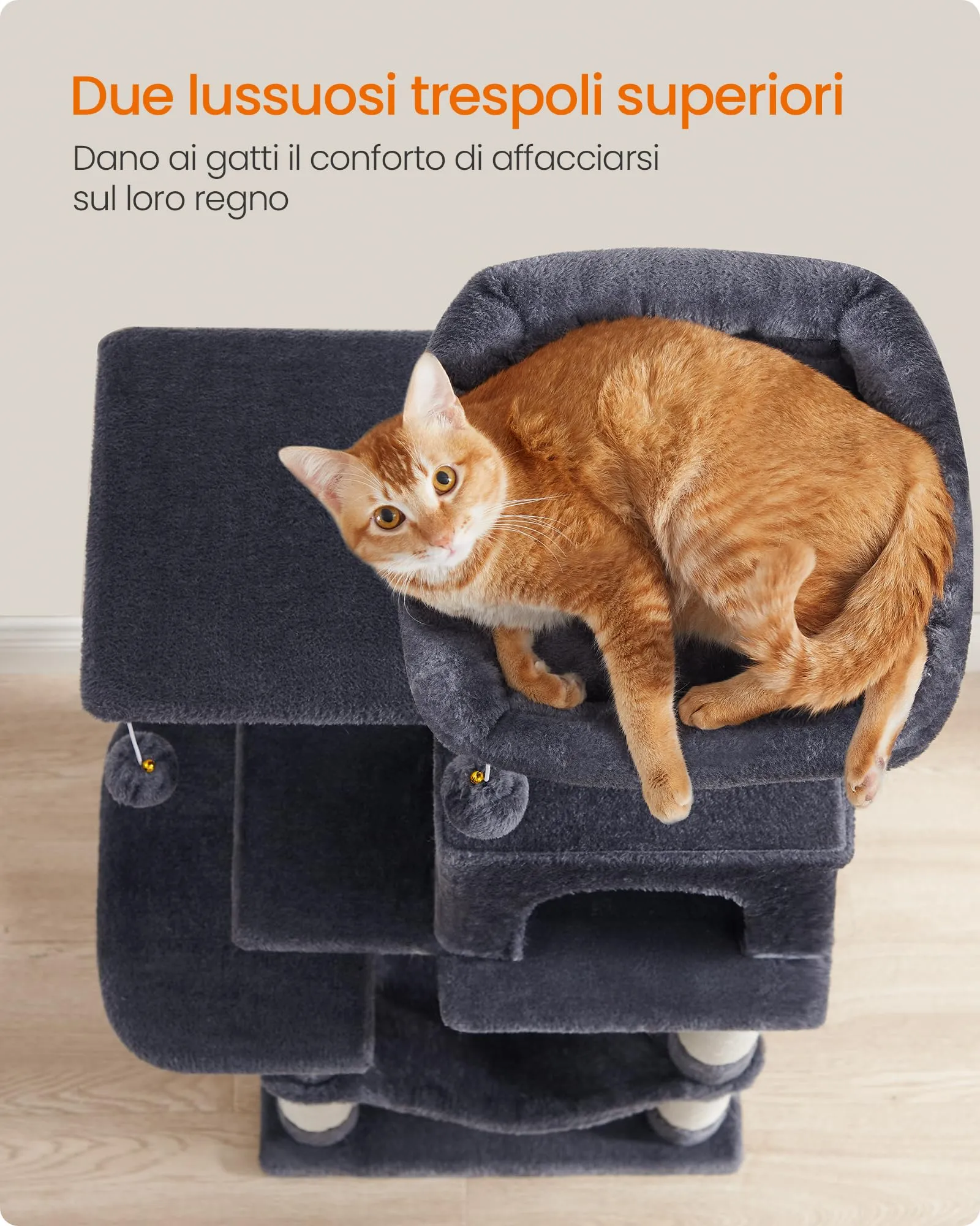 Feandrea Albero per Gatti, 112 cm, 4 Pali Graffiatoi, Multilivello, Grigio Scuro - immagine 5
