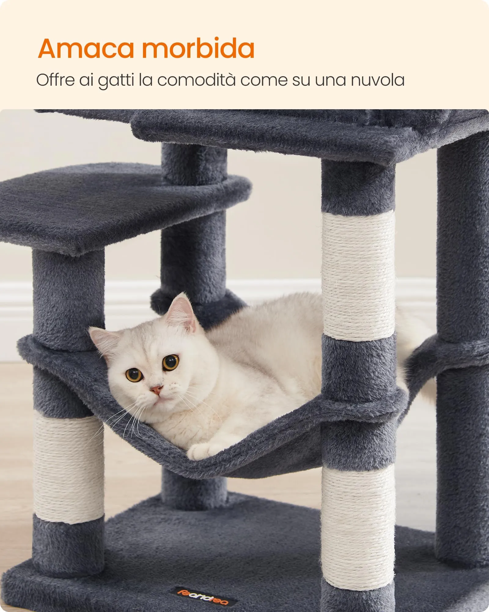 Feandrea Albero per Gatti, 112 cm, 4 Pali Graffiatoi, Multilivello, Grigio Scuro - immagine 6