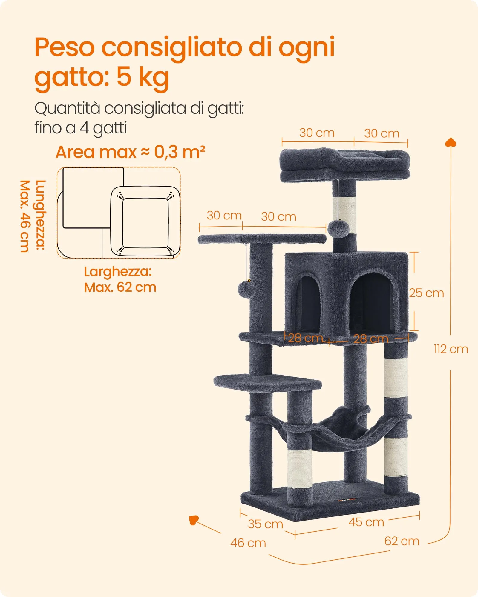 Feandrea Albero per Gatti, 112 cm, 4 Pali Graffiatoi, Multilivello, Grigio Scuro - immagine 7