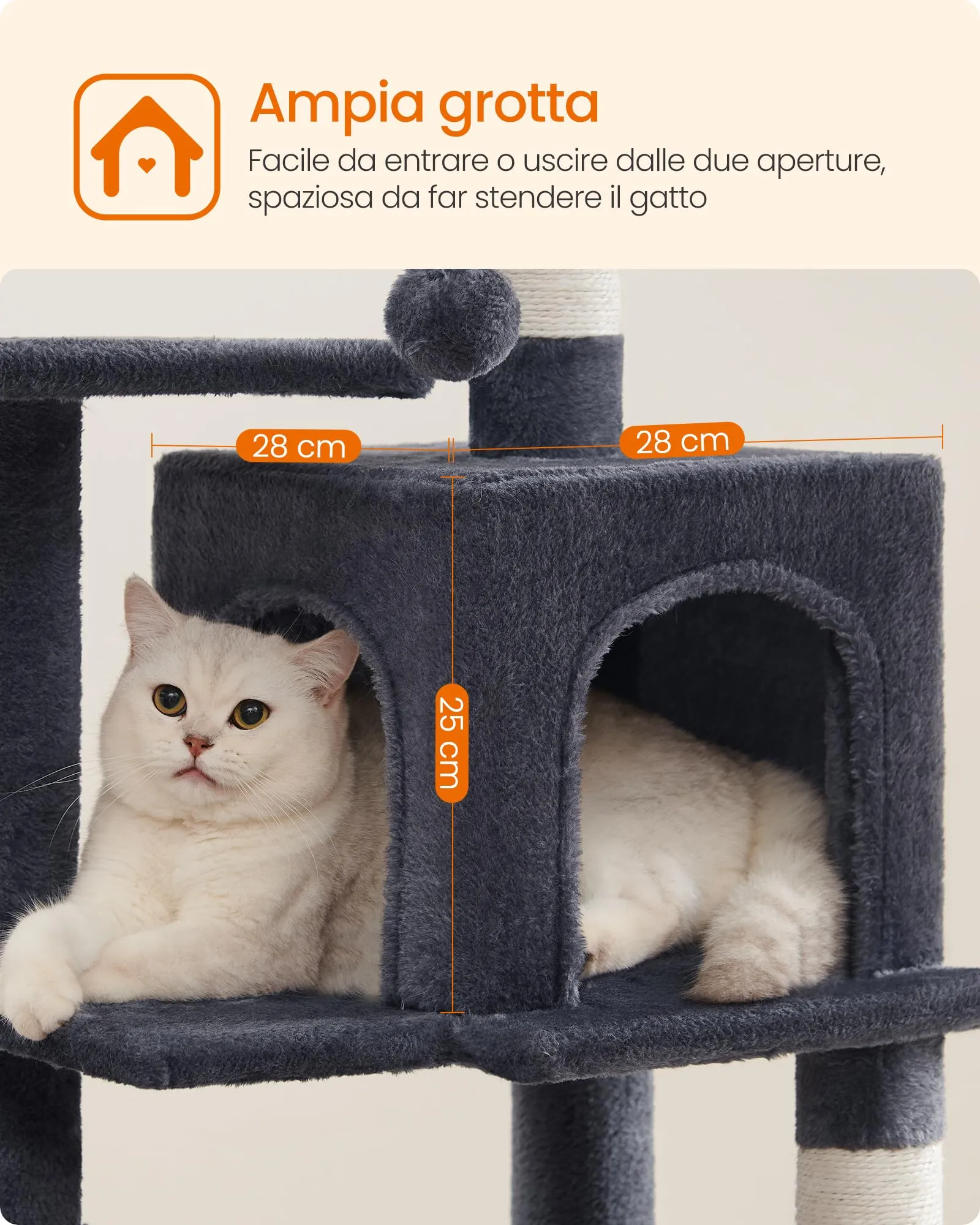 Feandrea Albero per Gatti, 112 cm, 4 Pali Graffiatoi, Multilivello, Grigio Scuro - immagine 8