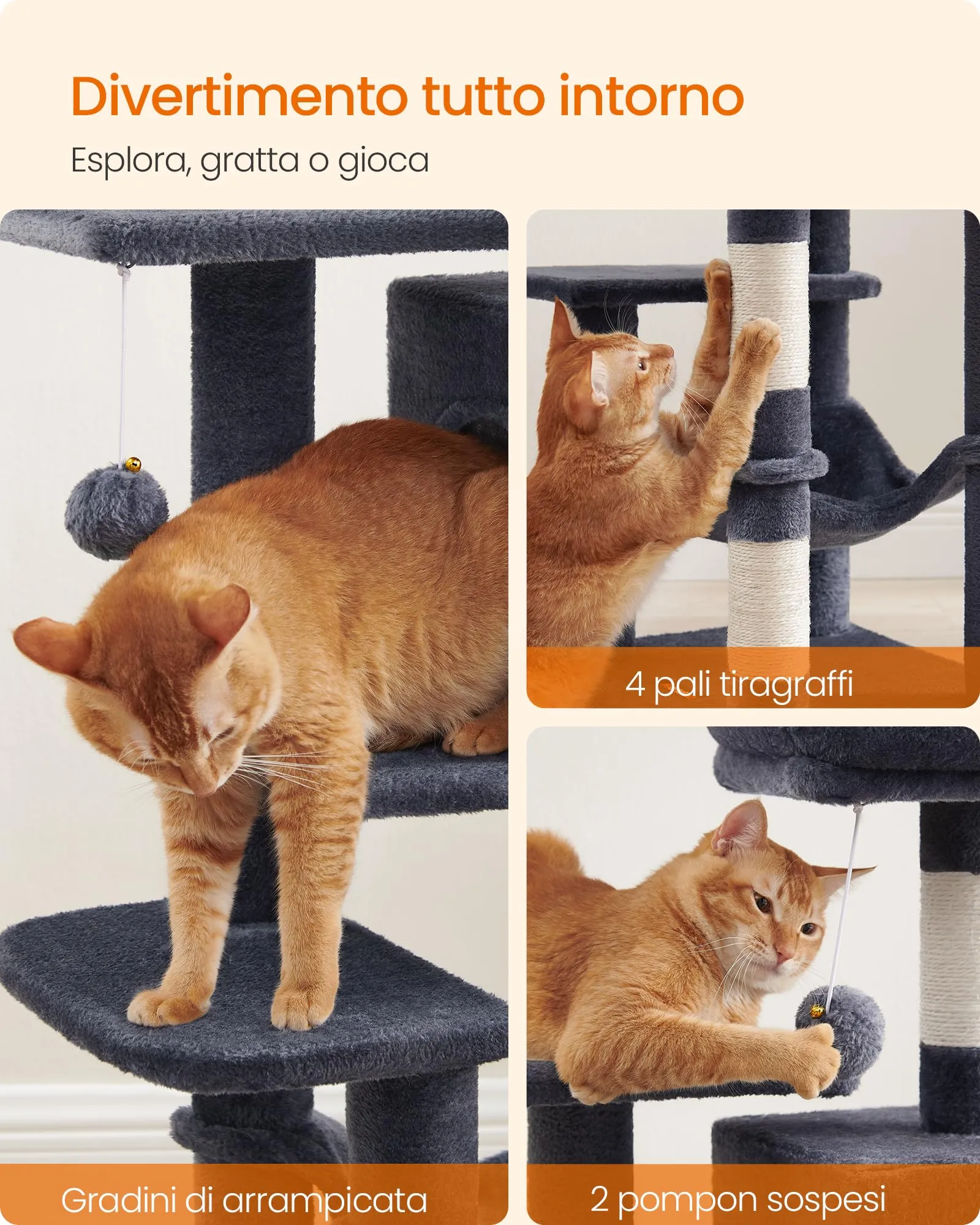 Feandrea Albero per Gatti, 112 cm, 4 Pali Graffiatoi, Multilivello, Grigio Scuro - immagine 9