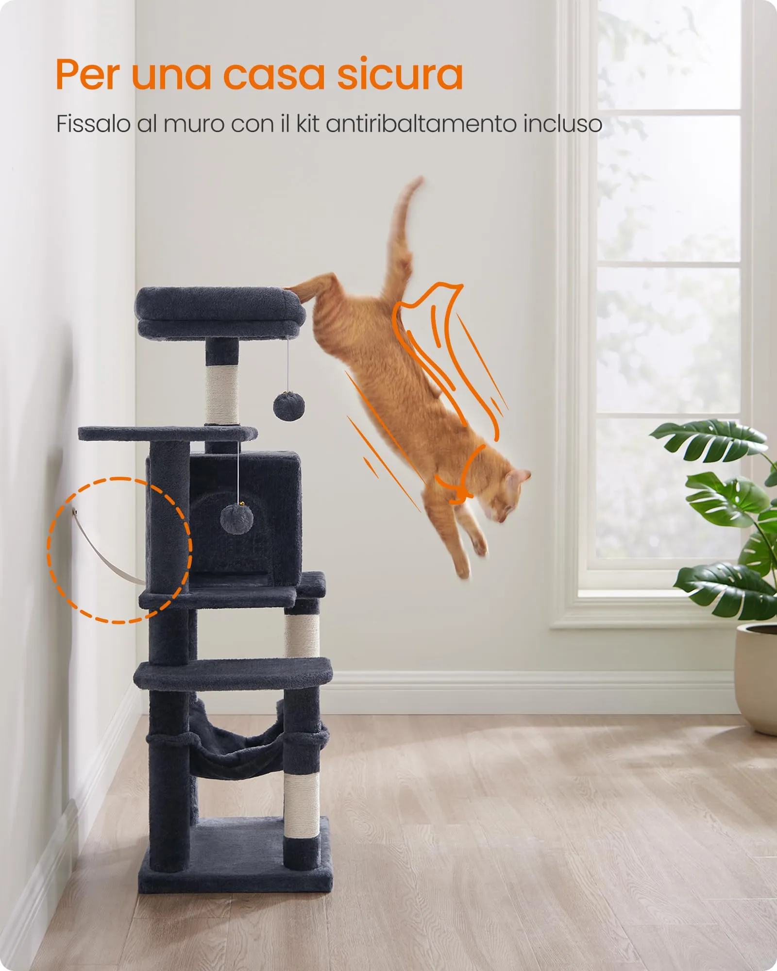 Feandrea Albero per Gatti, 112 cm, 4 Pali Graffiatoi, Multilivello, Grigio Scuro - immagine 10