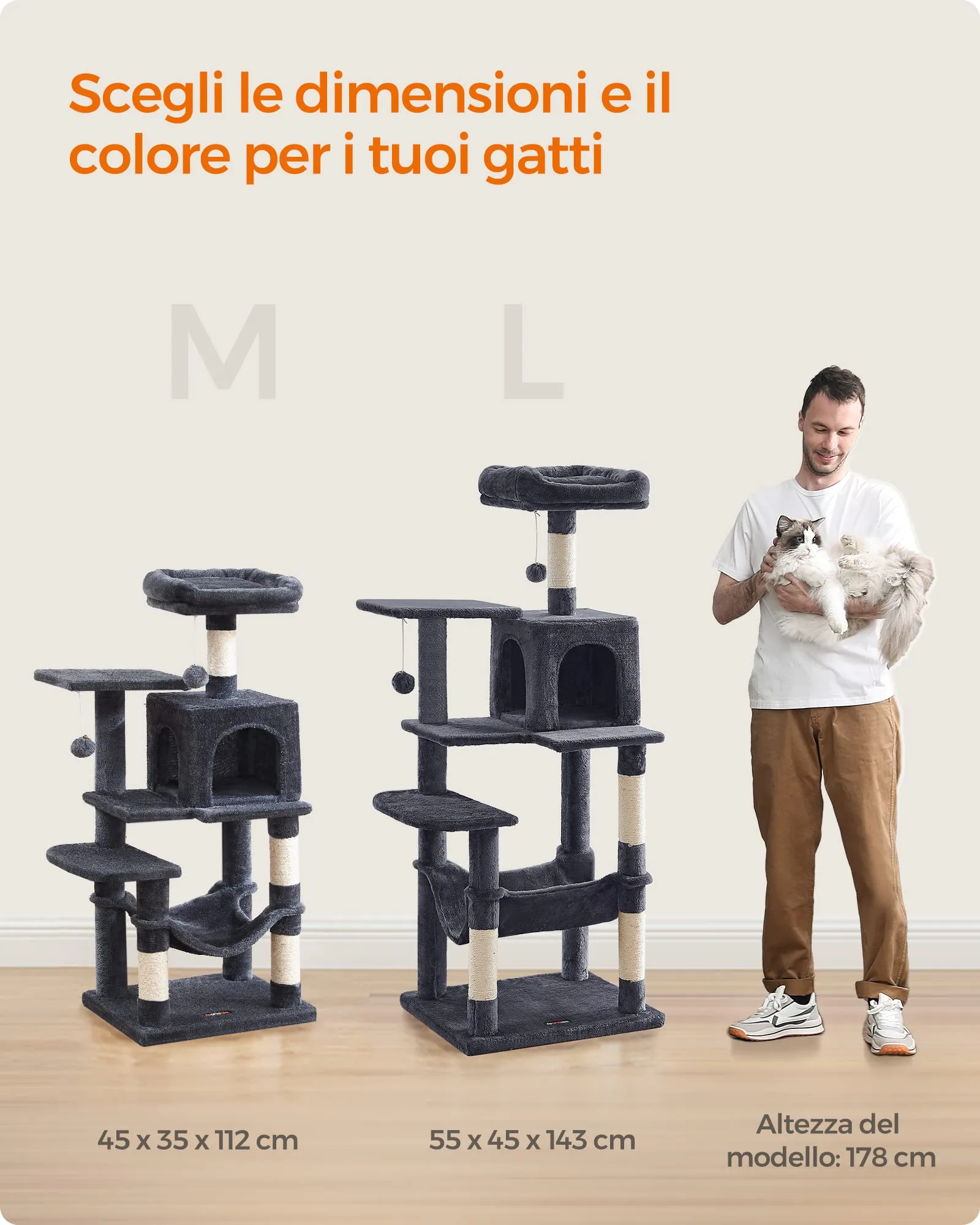 Feandrea Albero per Gatti, 112 cm, 4 Pali Graffiatoi, Multilivello, Grigio Scuro - immagine 11