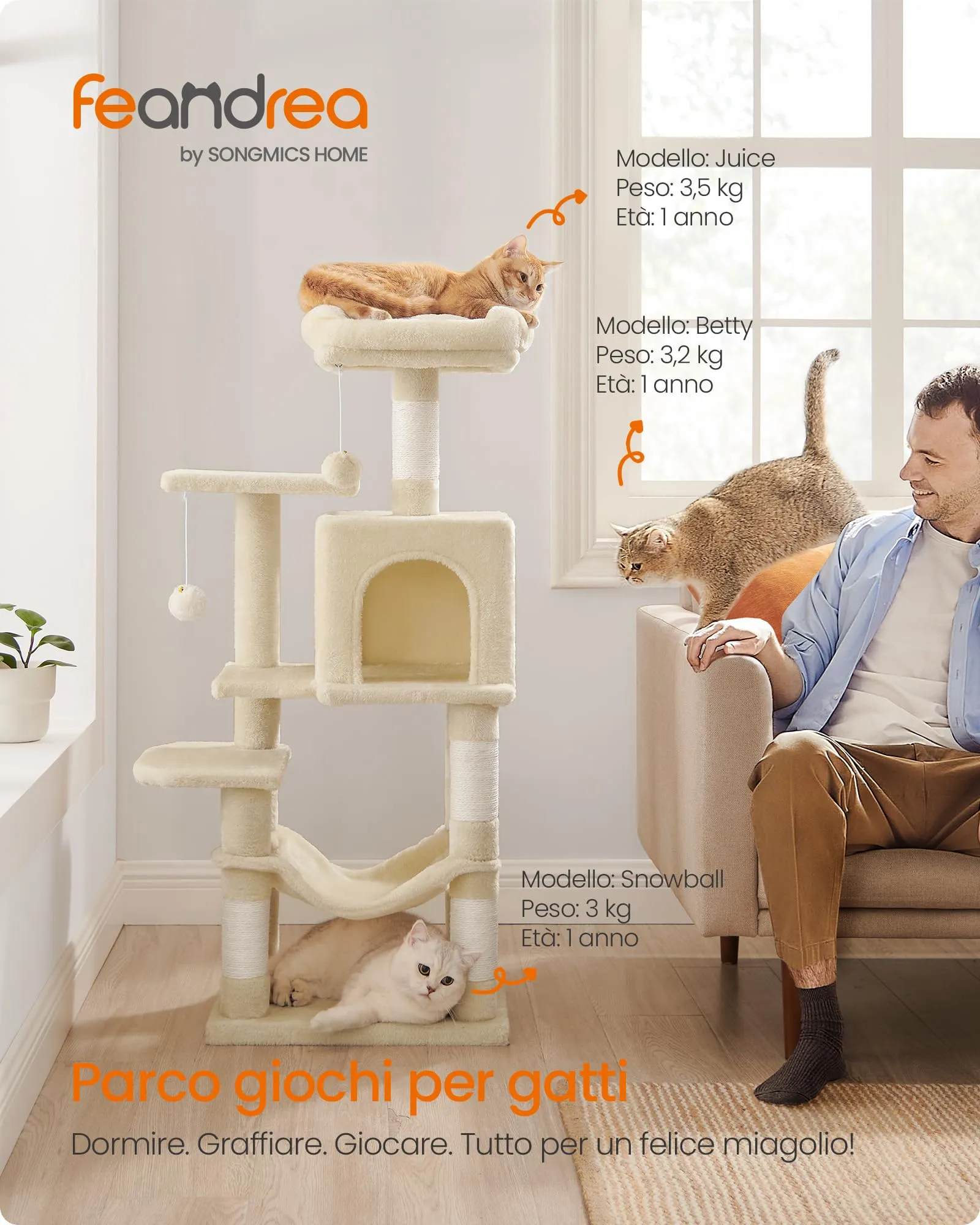 Feandrea Albero per Gatti, 112 cm, 4 Pali Graffiatoi, a Più Livelli - immagine 2