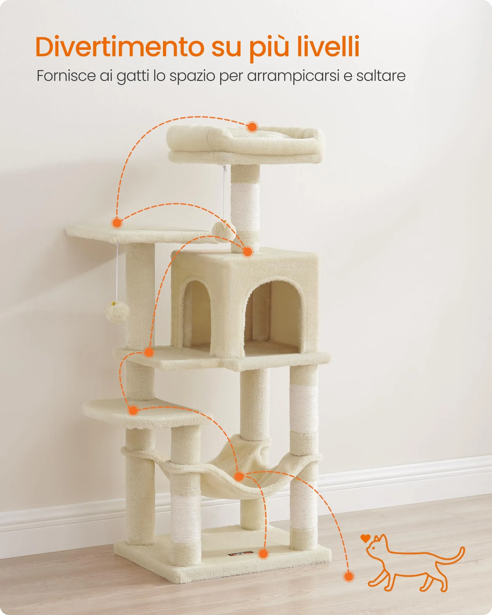 Feandrea Albero per Gatti, 112 cm, 4 Pali Graffiatoi, a Più Livelli - immagine 3