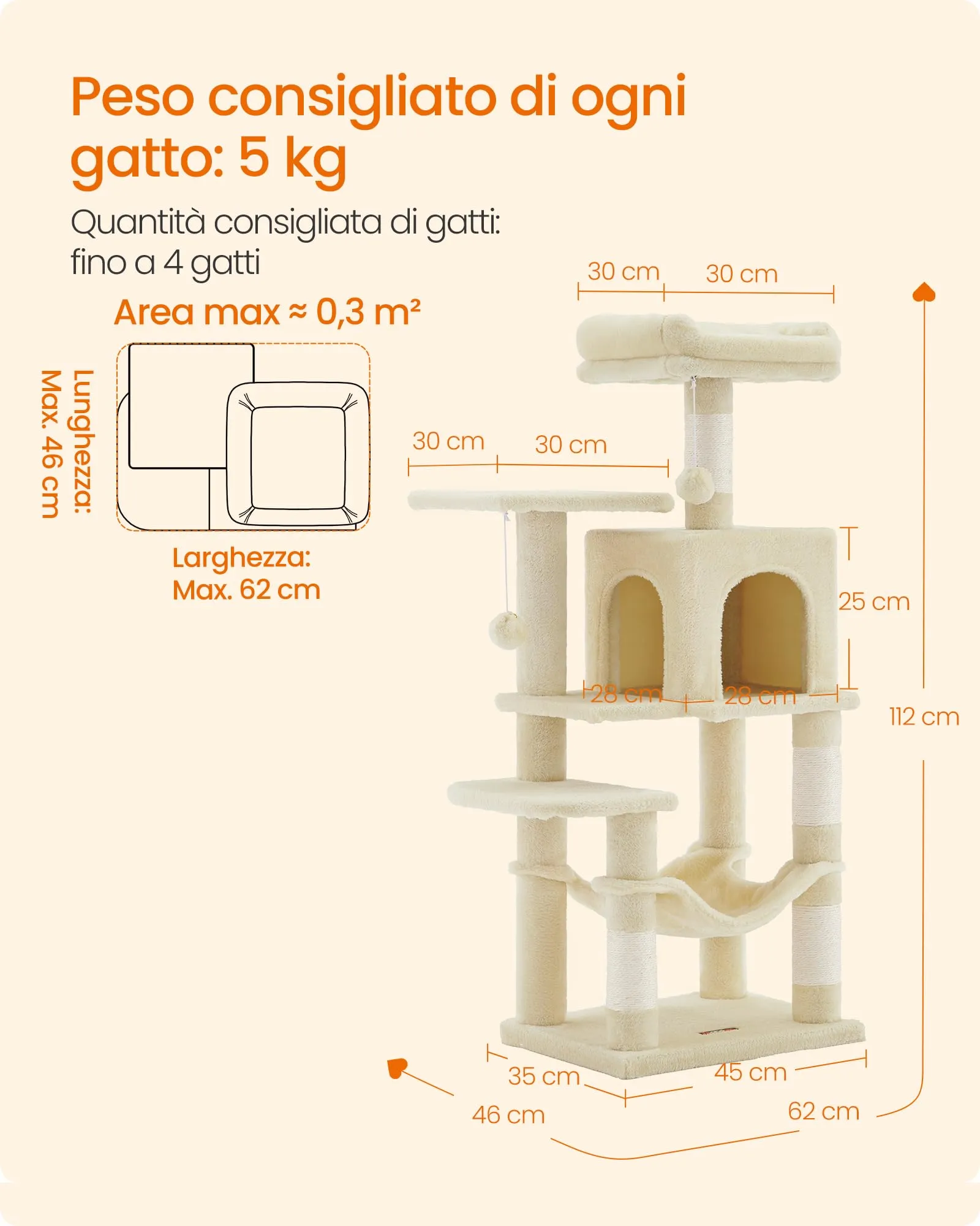 Feandrea Albero per Gatti, 112 cm, 4 Pali Graffiatoi, a Più Livelli - immagine 6