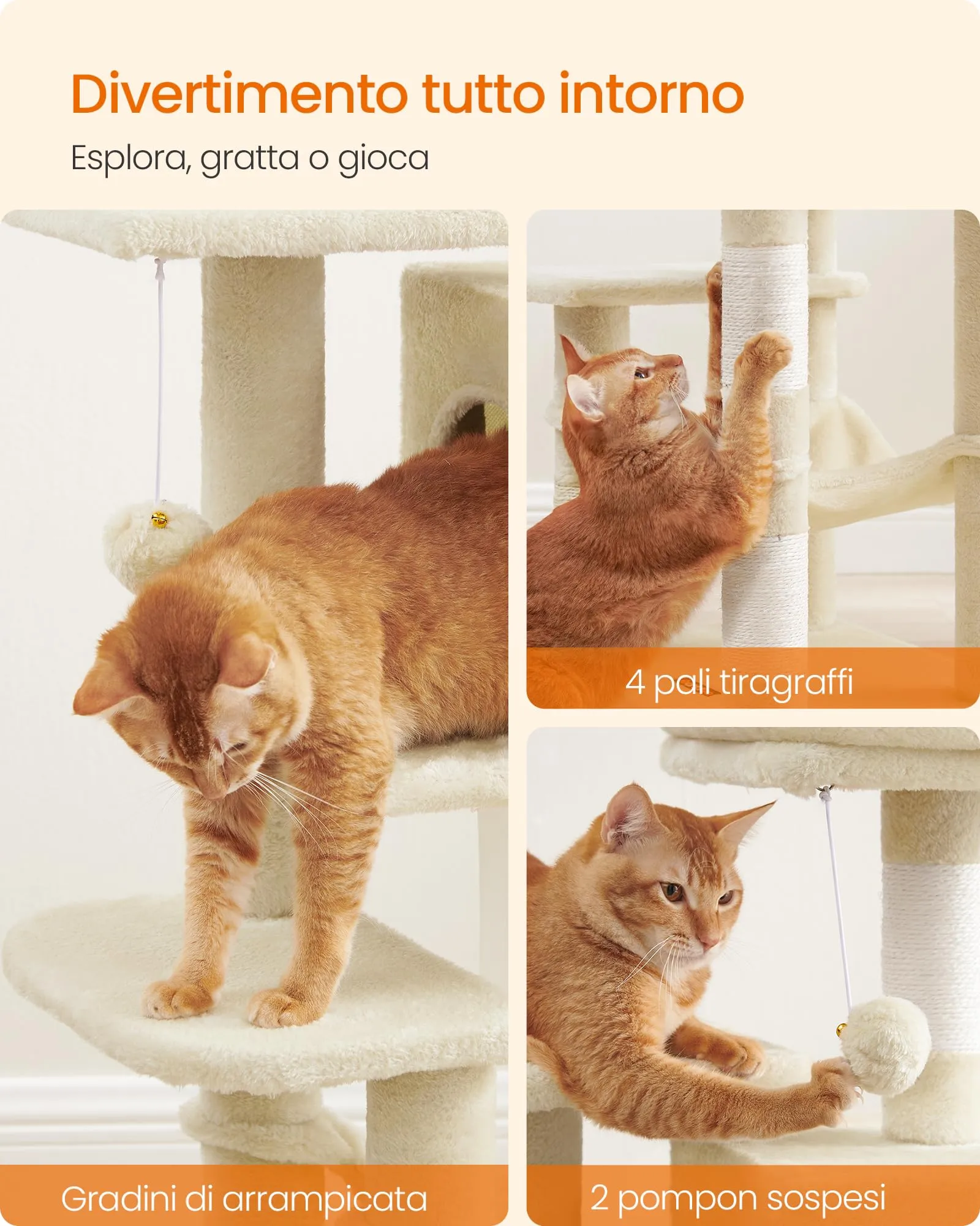 Feandrea Albero per Gatti, 112 cm, 4 Pali Graffiatoi, a Più Livelli - immagine 8