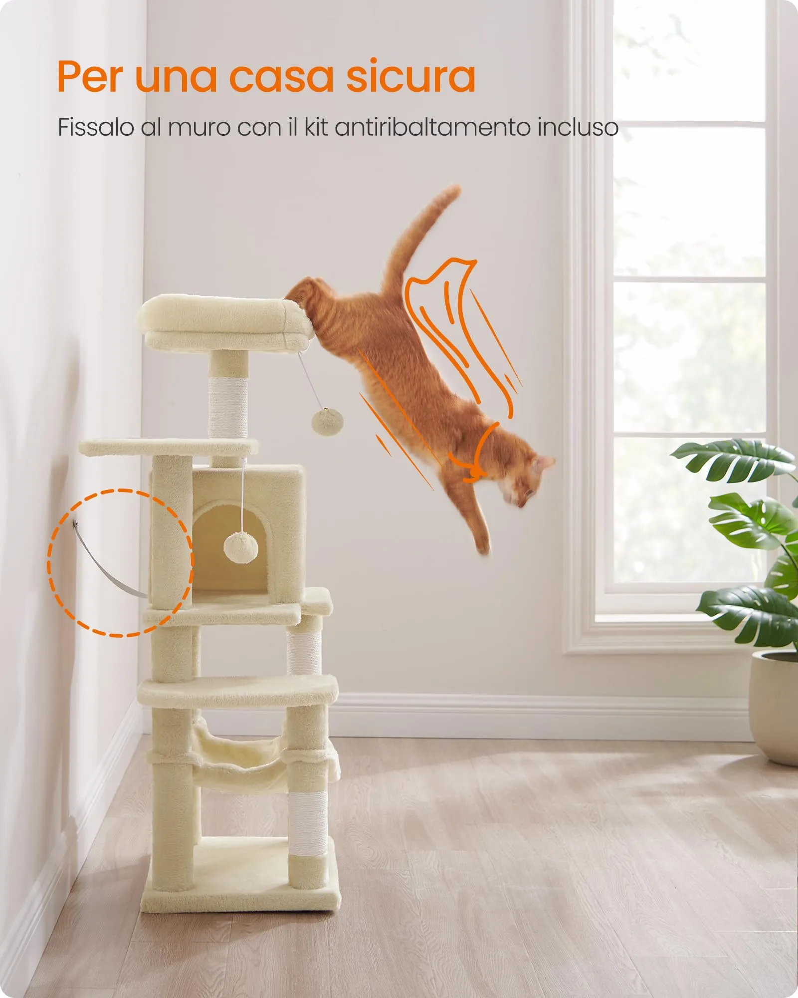 Feandrea Albero per Gatti, 112 cm, 4 Pali Graffiatoi, a Più Livelli - immagine 9