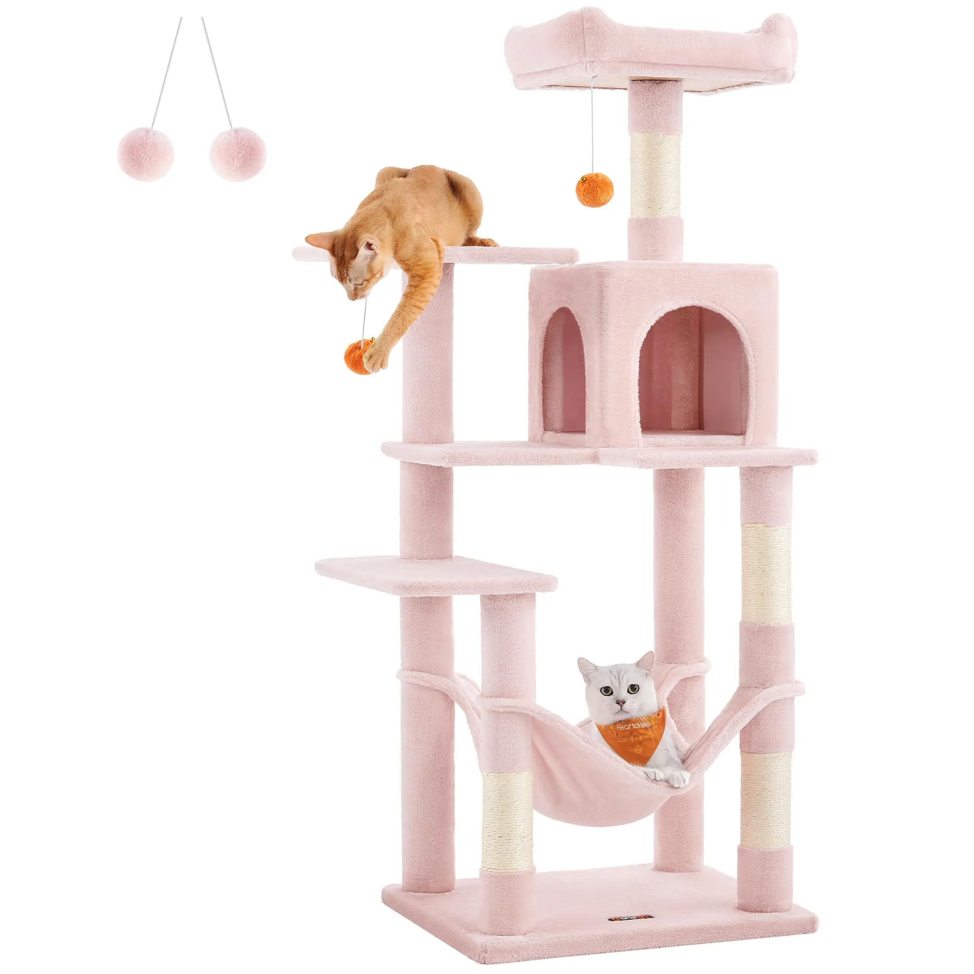 Feandrea Albero per Gatti, 143 cm, 4 Pali Graffiatoi, Multi Livello, Rosa Pastello - immagine 1