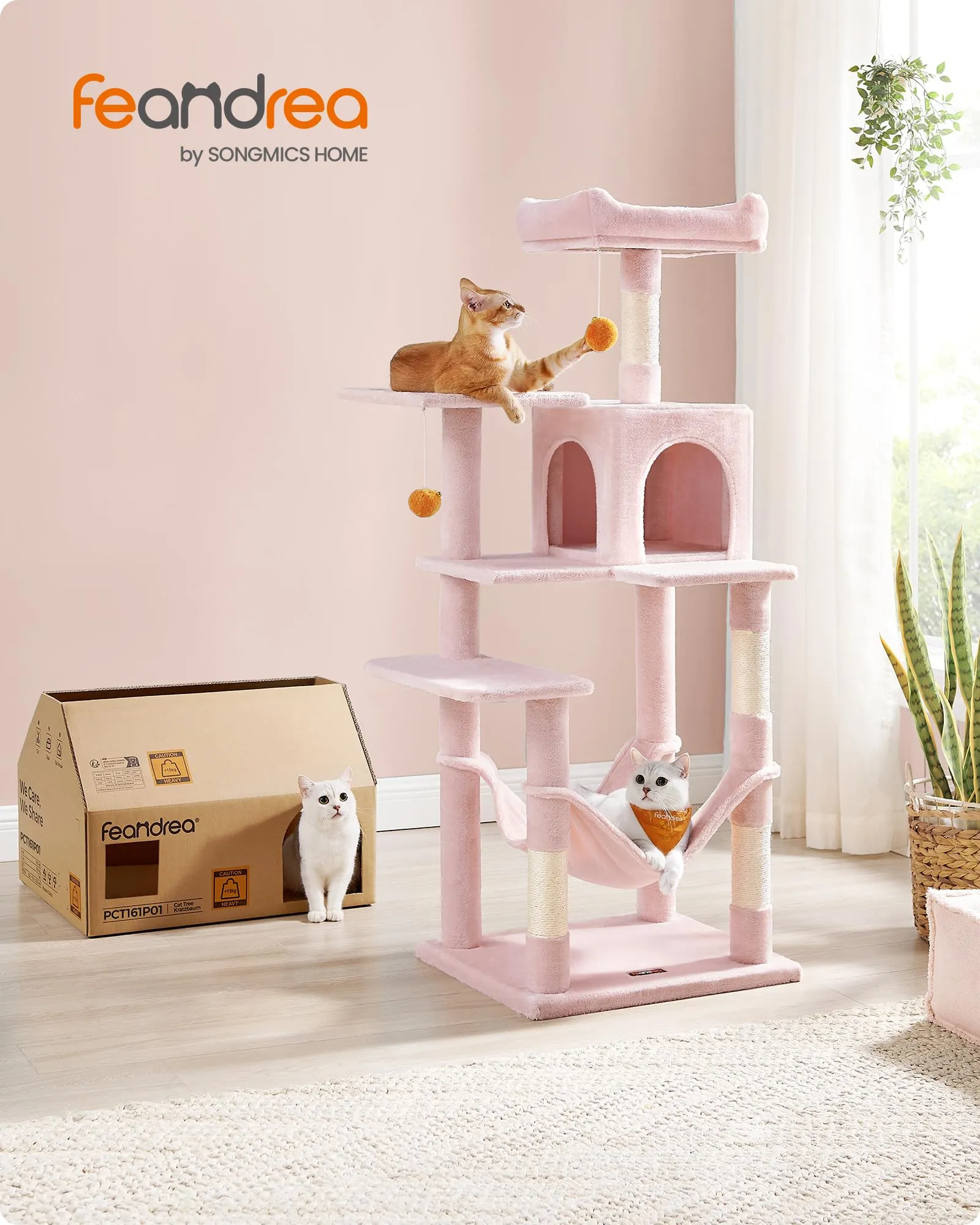 Feandrea Albero per Gatti, 143 cm, 4 Pali Graffiatoi, Multi Livello, Rosa Pastello - immagine 2