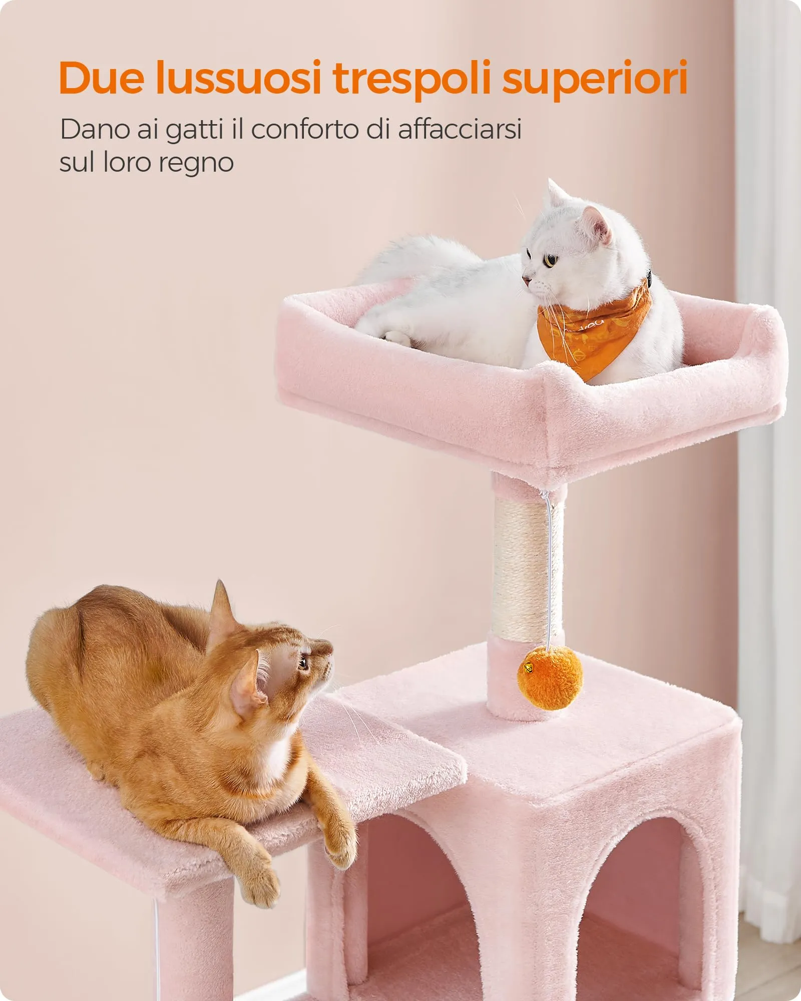 Feandrea Albero per Gatti, 143 cm, 4 Pali Graffiatoi, Multi Livello, Rosa Pastello - immagine 4