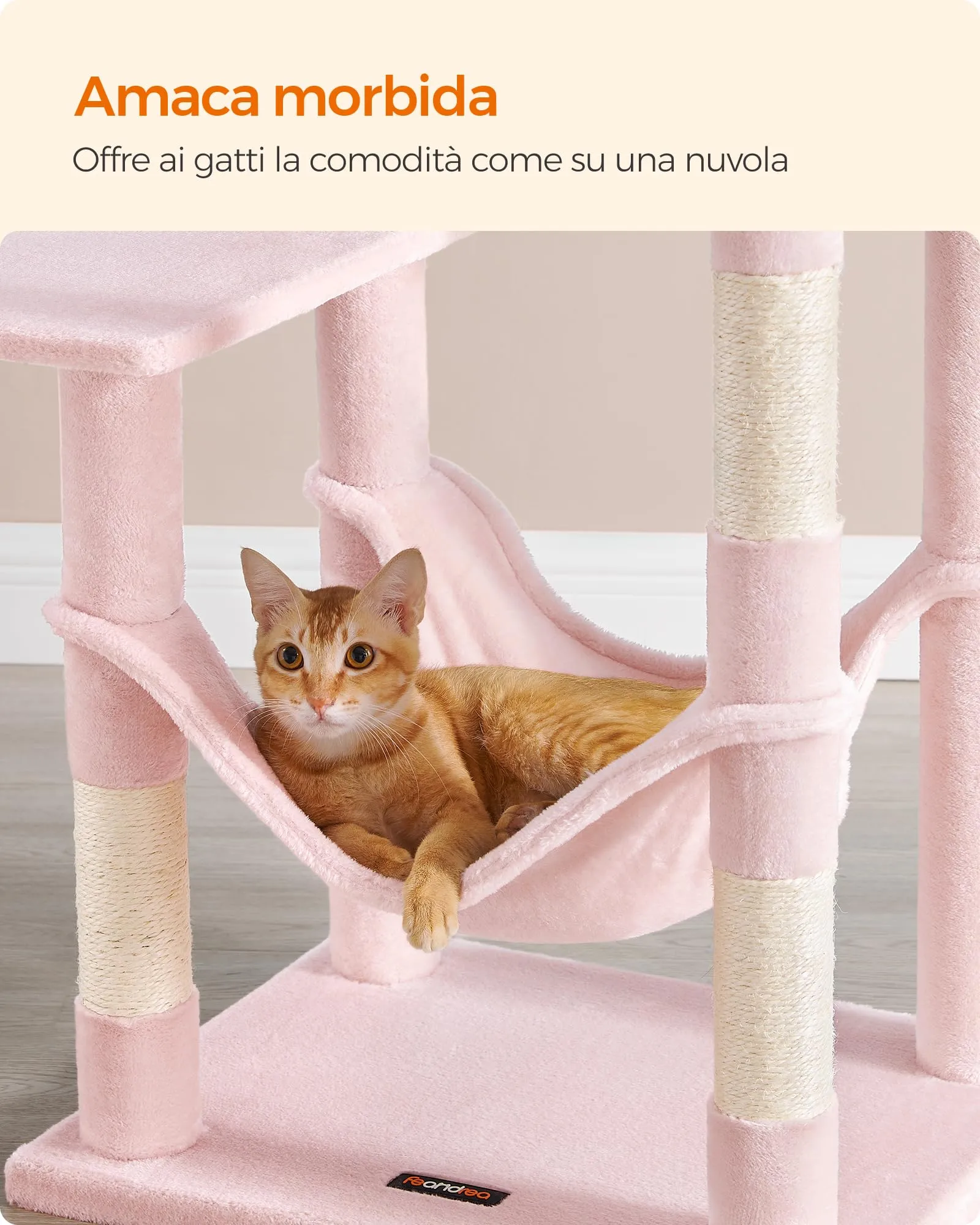 Feandrea Albero per Gatti, 143 cm, 4 Pali Graffiatoi, Multi Livello, Rosa Pastello - immagine 5