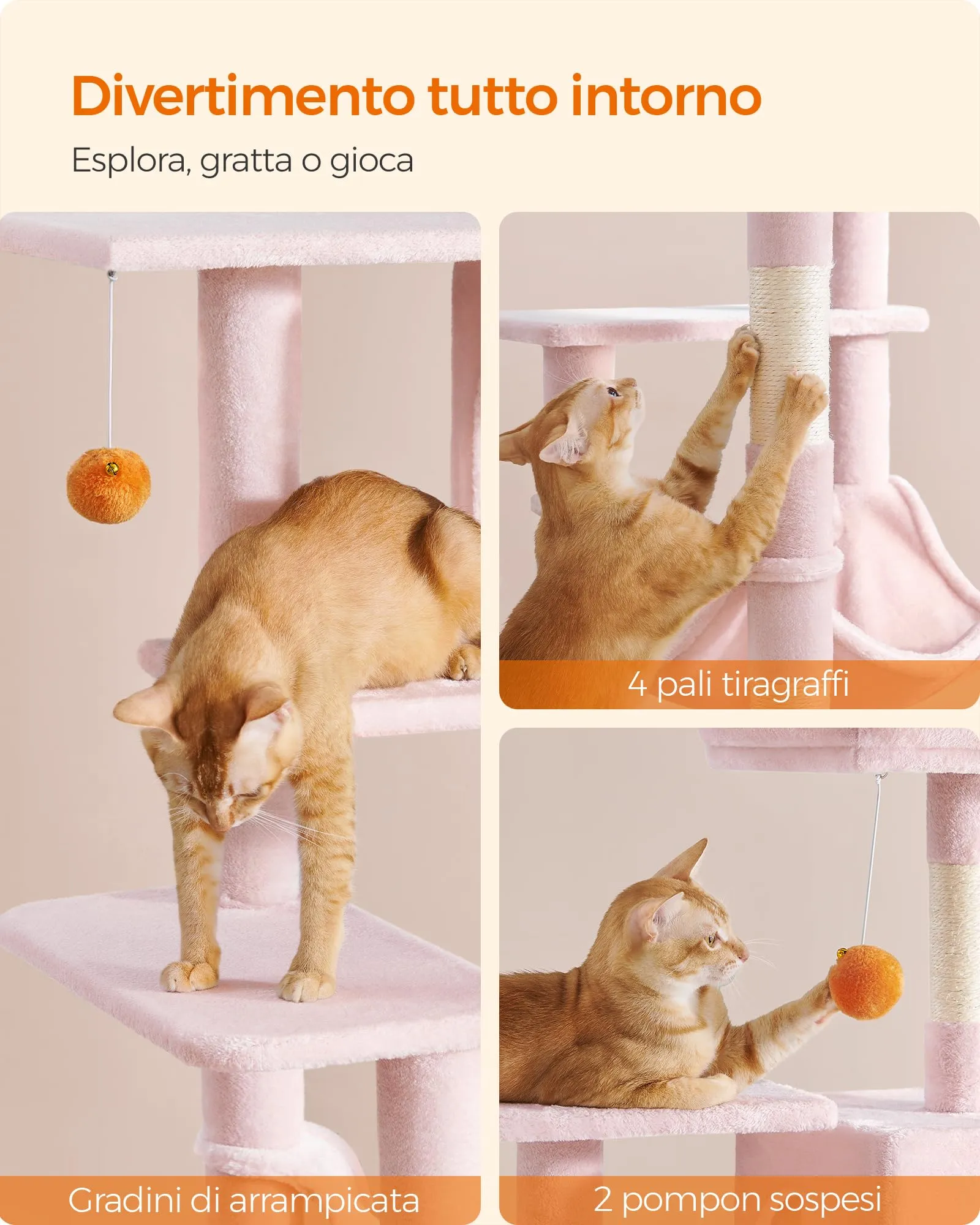 Feandrea Albero per Gatti, 143 cm, 4 Pali Graffiatoi, Multi Livello, Rosa Pastello - immagine 6