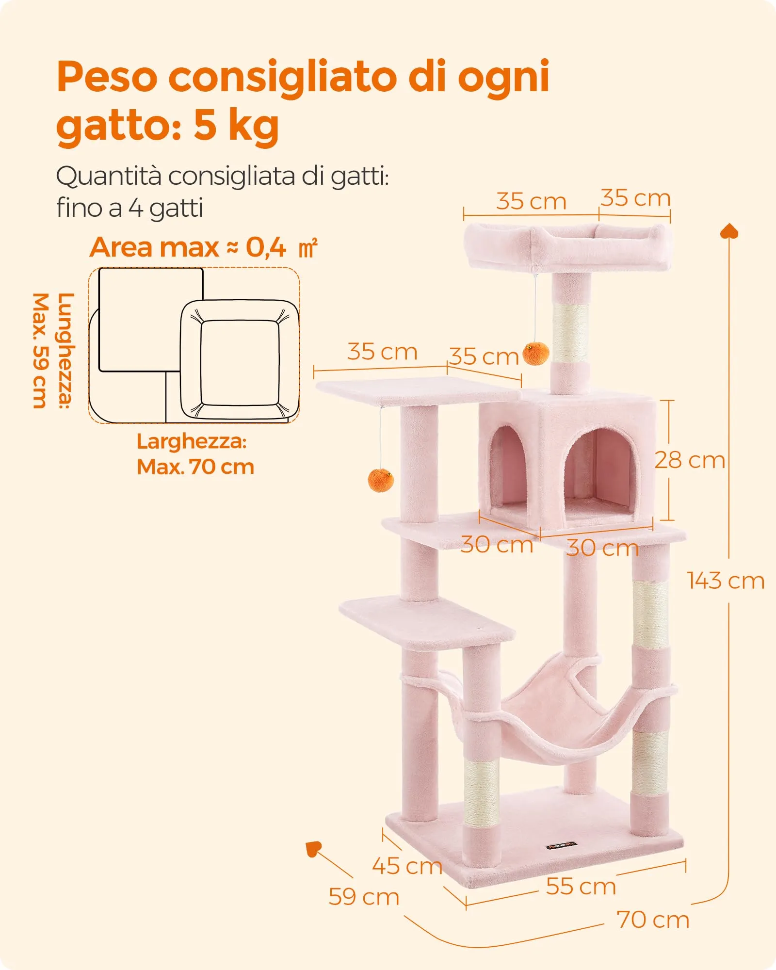 Feandrea Albero per Gatti, 143 cm, 4 Pali Graffiatoi, Multi Livello, Rosa Pastello - immagine 7