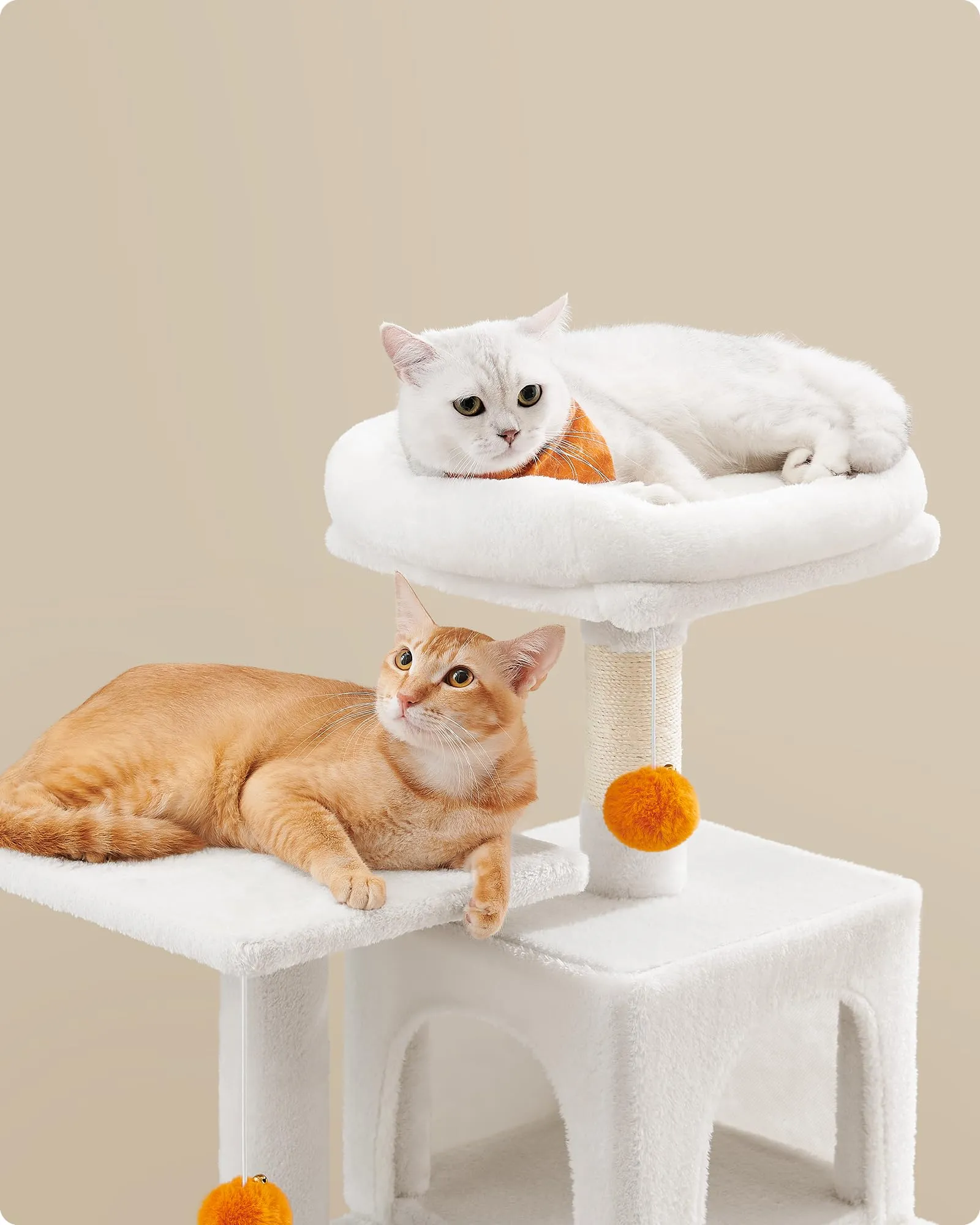 Feandrea Albero per Gatti, 112 cm, 4 Pali Graffiatoi, Multilivello, Bianco Crema - immagine 2