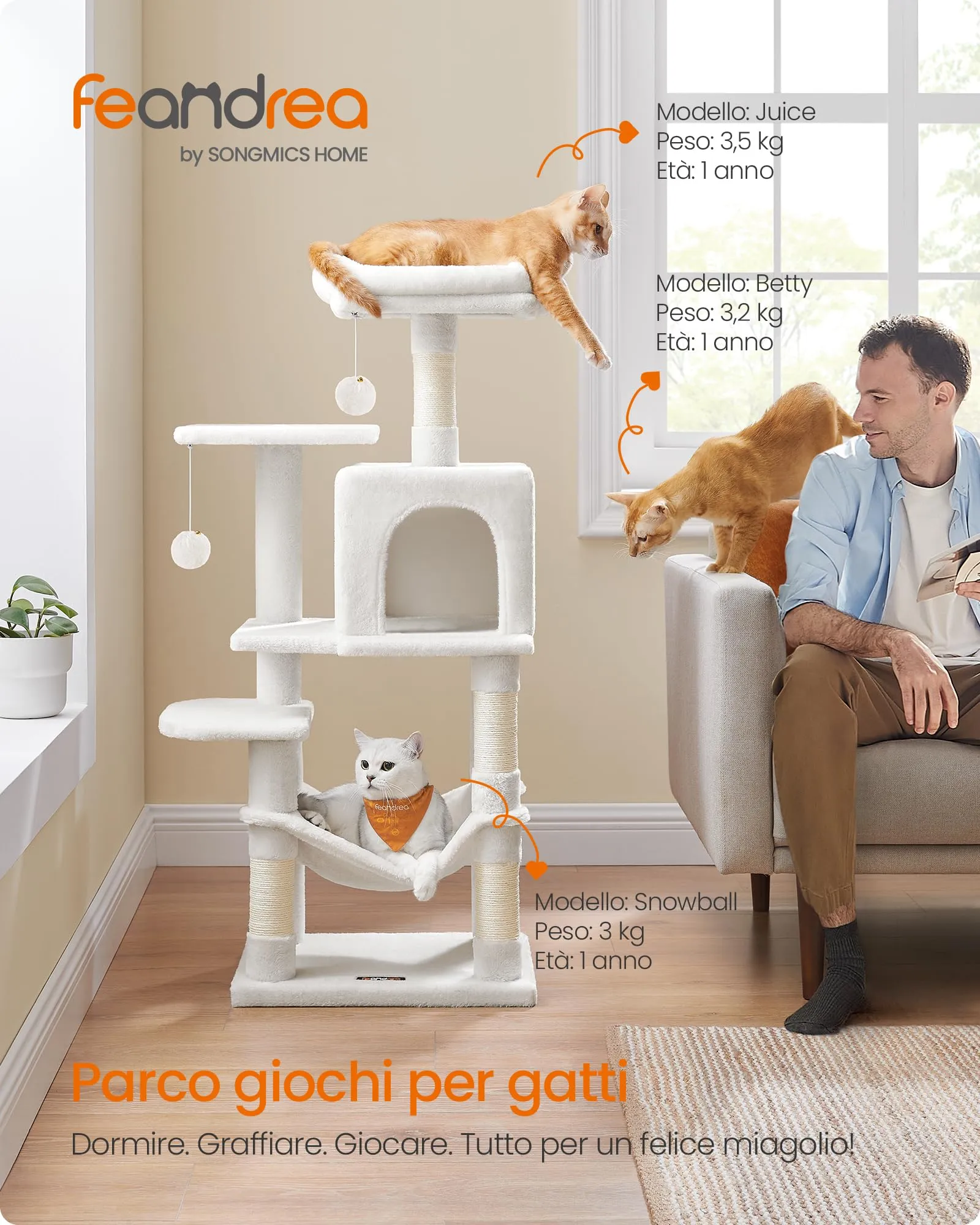Feandrea Albero per Gatti, 112 cm, 4 Pali Graffiatoi, Multilivello, Bianco Crema - immagine 3