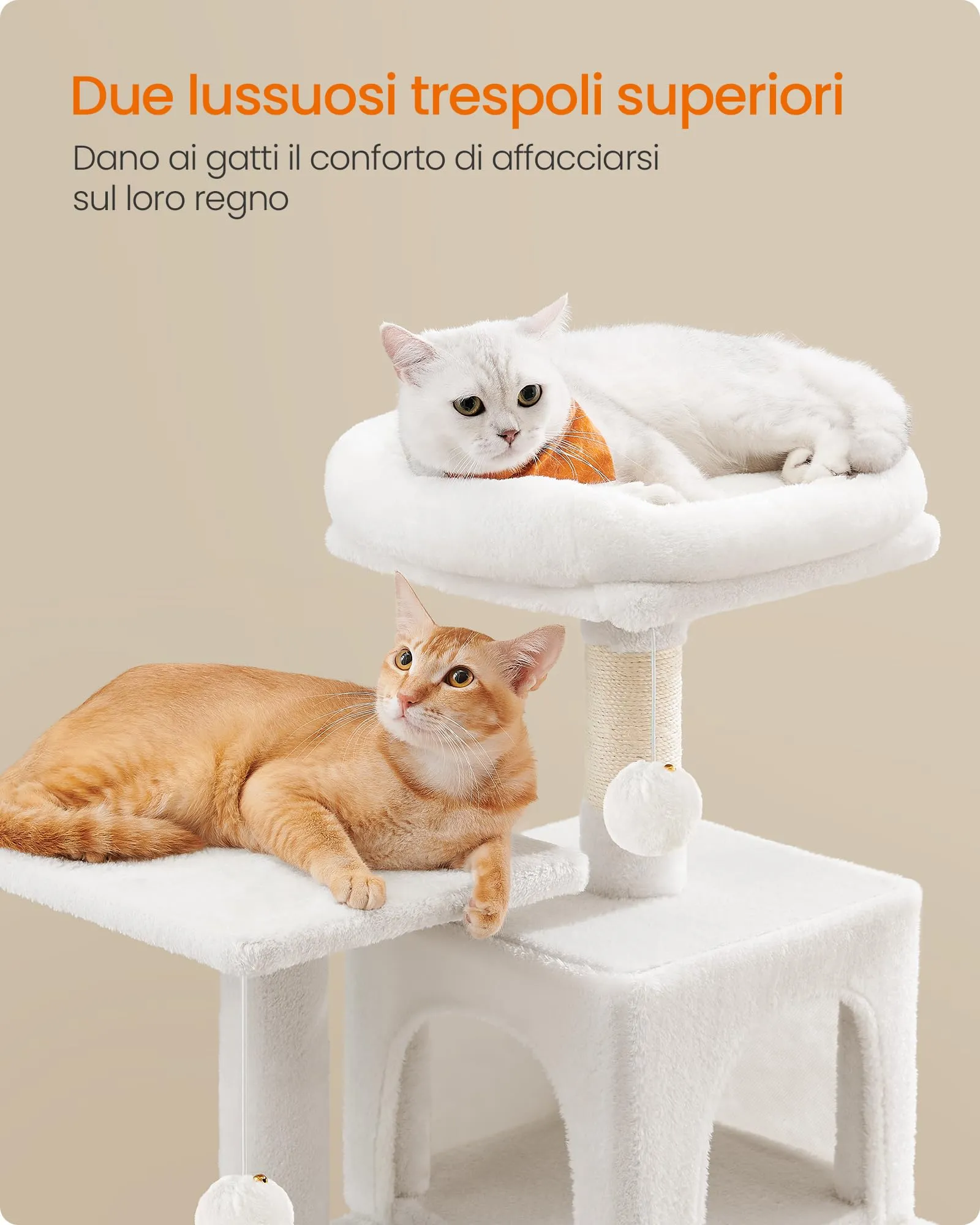 Feandrea Albero per Gatti, 112 cm, 4 Pali Graffiatoi, Multilivello, Bianco Crema - immagine 4