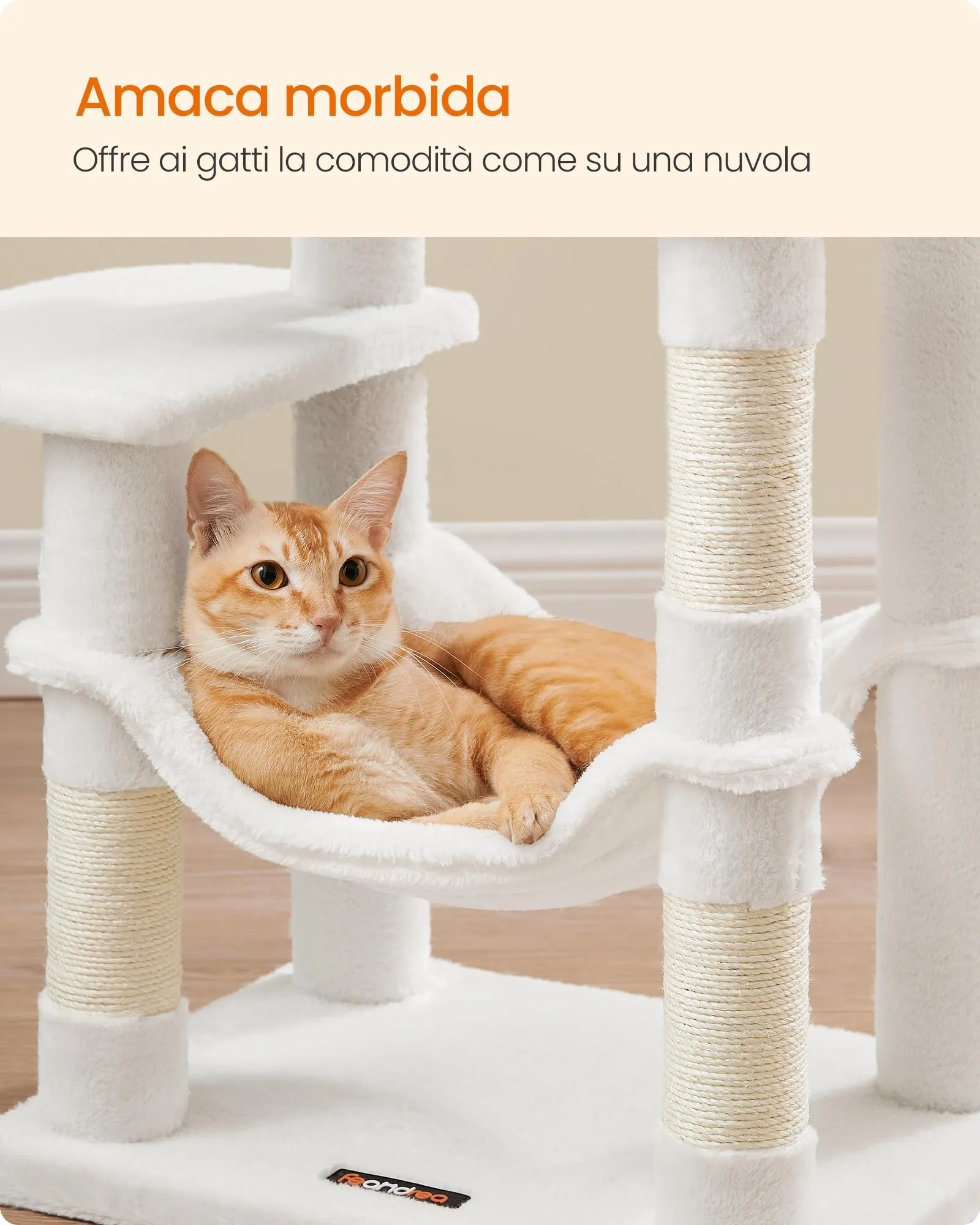 Feandrea Albero per Gatti, 112 cm, 4 Pali Graffiatoi, Multilivello, Bianco Crema - immagine 5