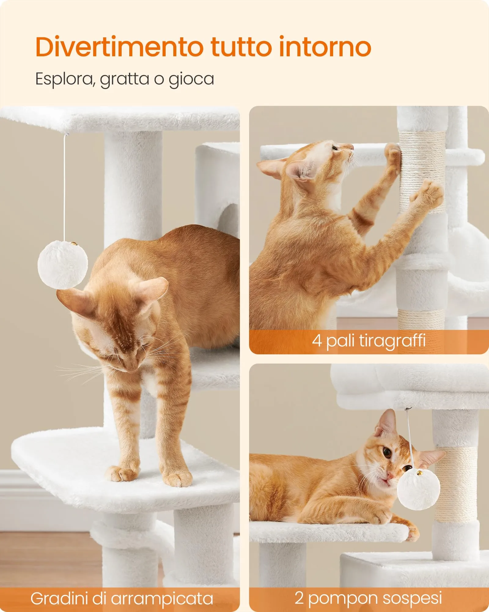 Feandrea Albero per Gatti, 112 cm, 4 Pali Graffiatoi, Multilivello, Bianco Crema - immagine 6