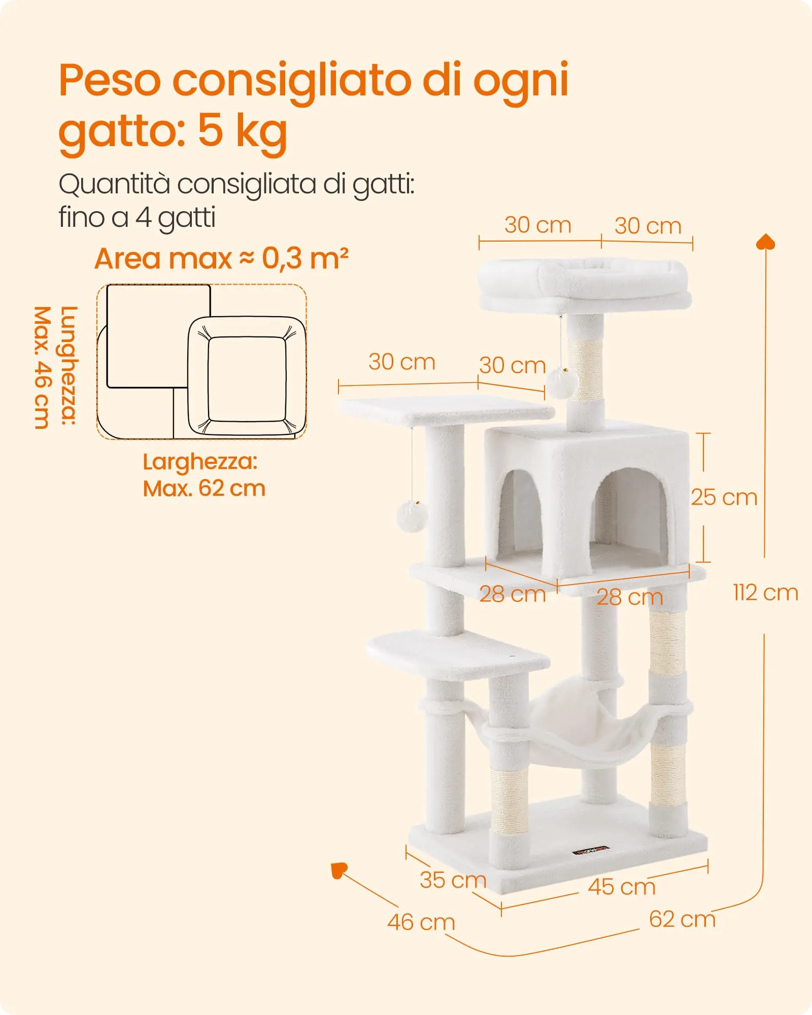Feandrea Albero per Gatti, 112 cm, 4 Pali Graffiatoi, Multilivello, Bianco Crema - immagine 7