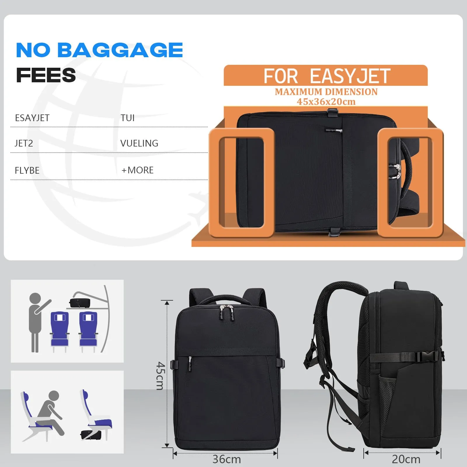 Xkdoai Zaino da Viaggio Bagaglio a Mano 45x36x20 cm per Easyjet - immagine 2