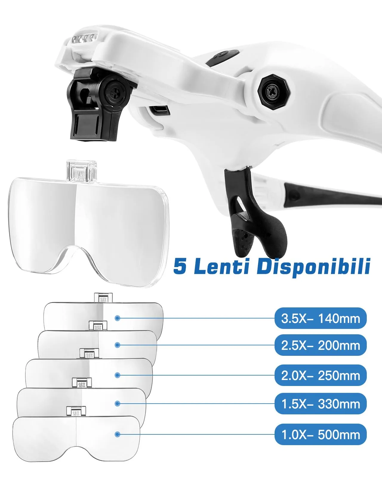 Anpro Occhiali Ingrandimento Ricaricabili USB con 4 Luci LED e 5 Lenti Intercambiabili (1X-3.5X) - immagine 2