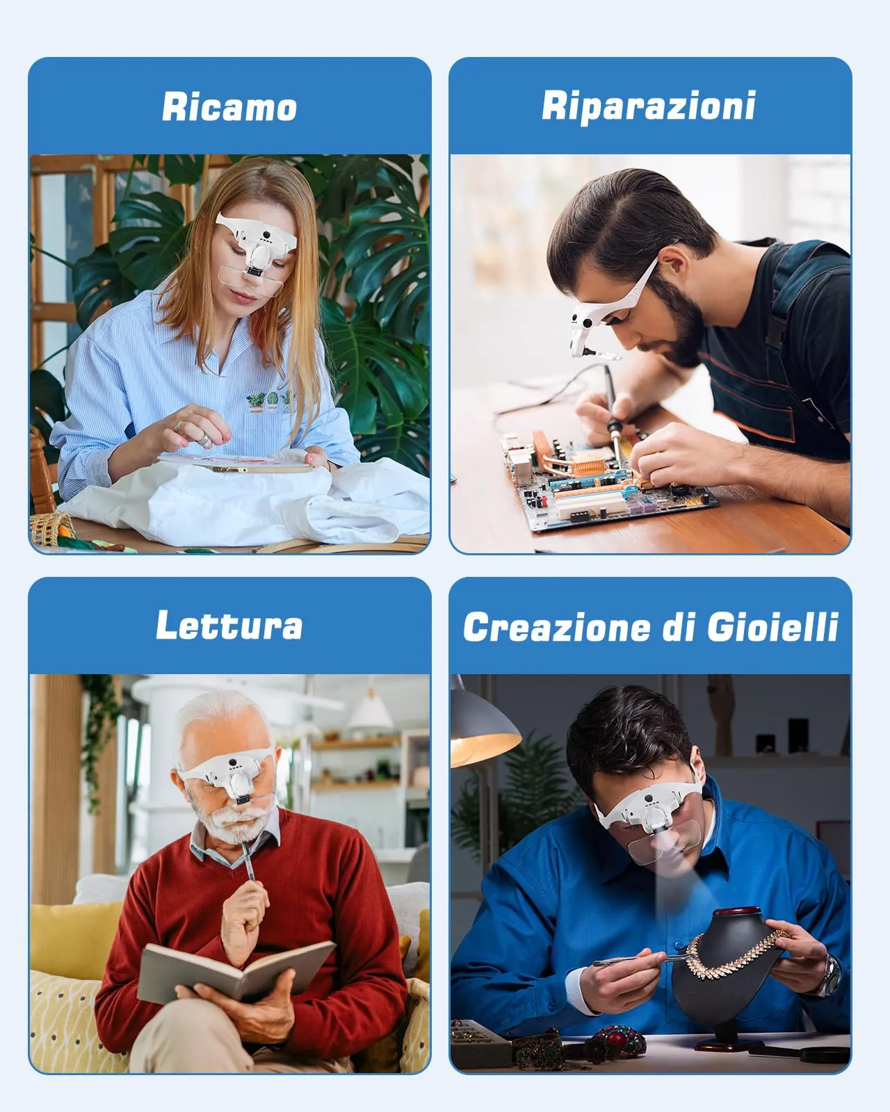 Anpro Occhiali Ingrandimento Ricaricabili USB con 4 Luci LED e 5 Lenti Intercambiabili (1X-3.5X) - immagine 8