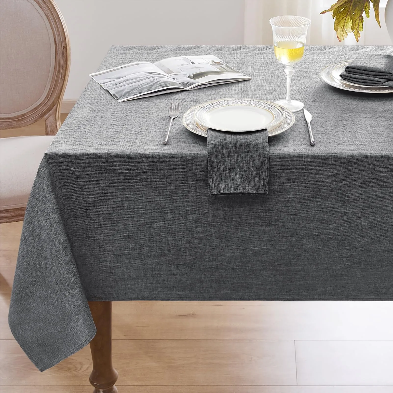 Softalker Tovaglia Rettangolare in Finto Lino, Impermeabile e Antimacchia, 132 x 178 cm, Grigio Scuro - immagine 1