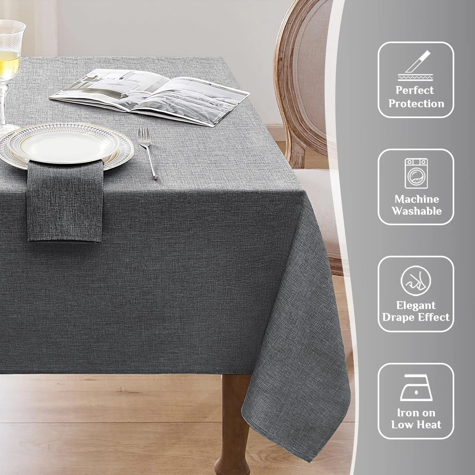Softalker Tovaglia Rettangolare in Finto Lino, Impermeabile e Antimacchia, 132 x 178 cm, Grigio Scuro - immagine 7