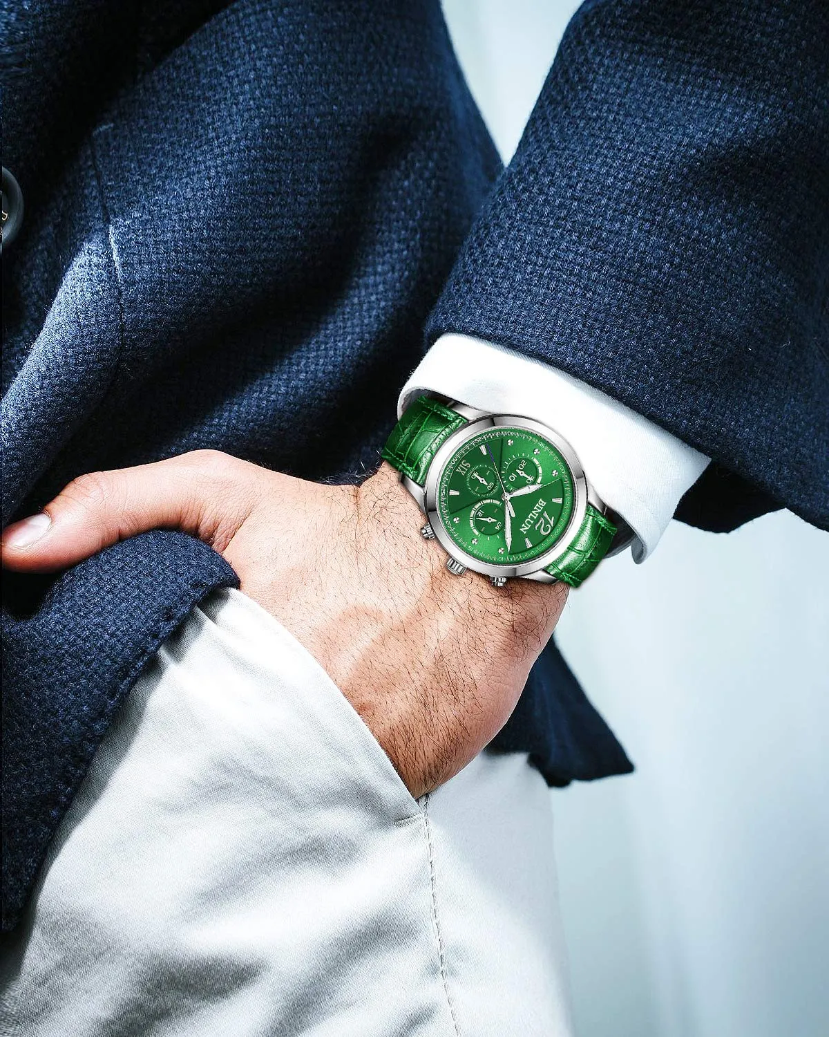 BINLUN Cinturino per Orologio in Pelle di Vitello a Sgancio Rapido 16mm, S-verde - immagine 4