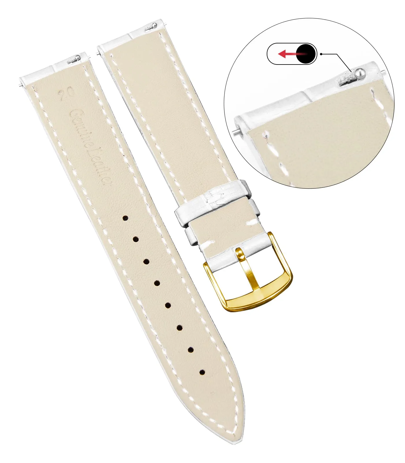 BINLUN Cinturino per Orologio in Pelle Disegno Coccodrillo Sgancio Rapido, Bianco, 19mm - immagine 2