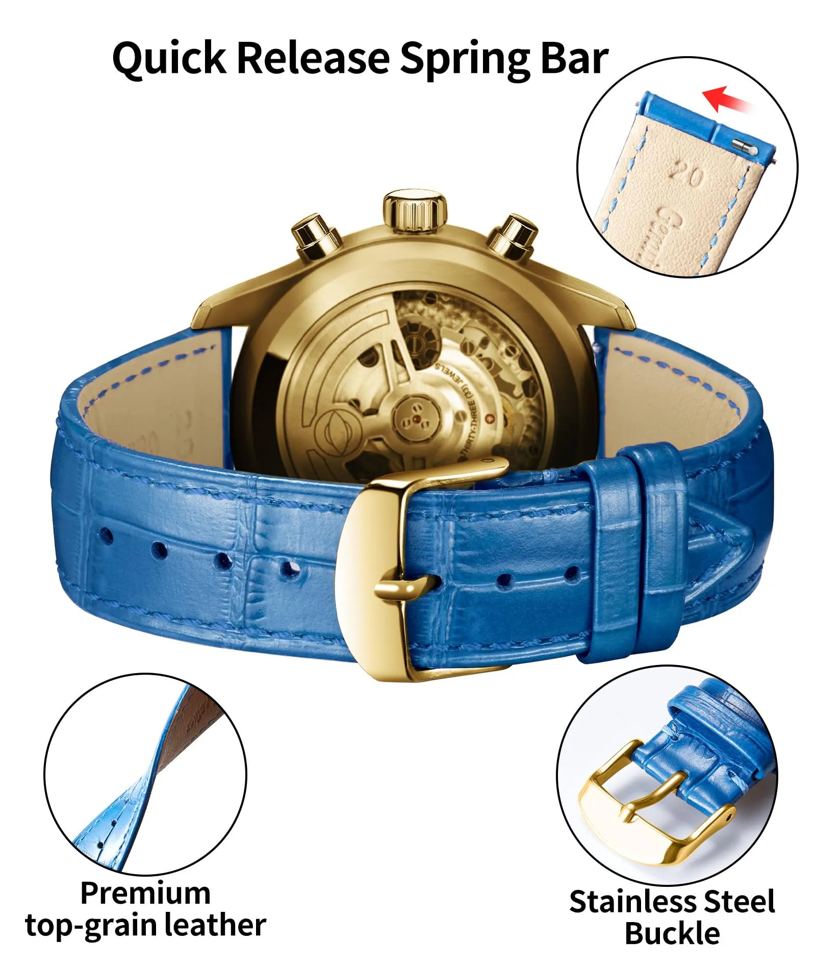 BINLUN Cinturino per Orologio in Pelle Blu 17mm - immagine 3