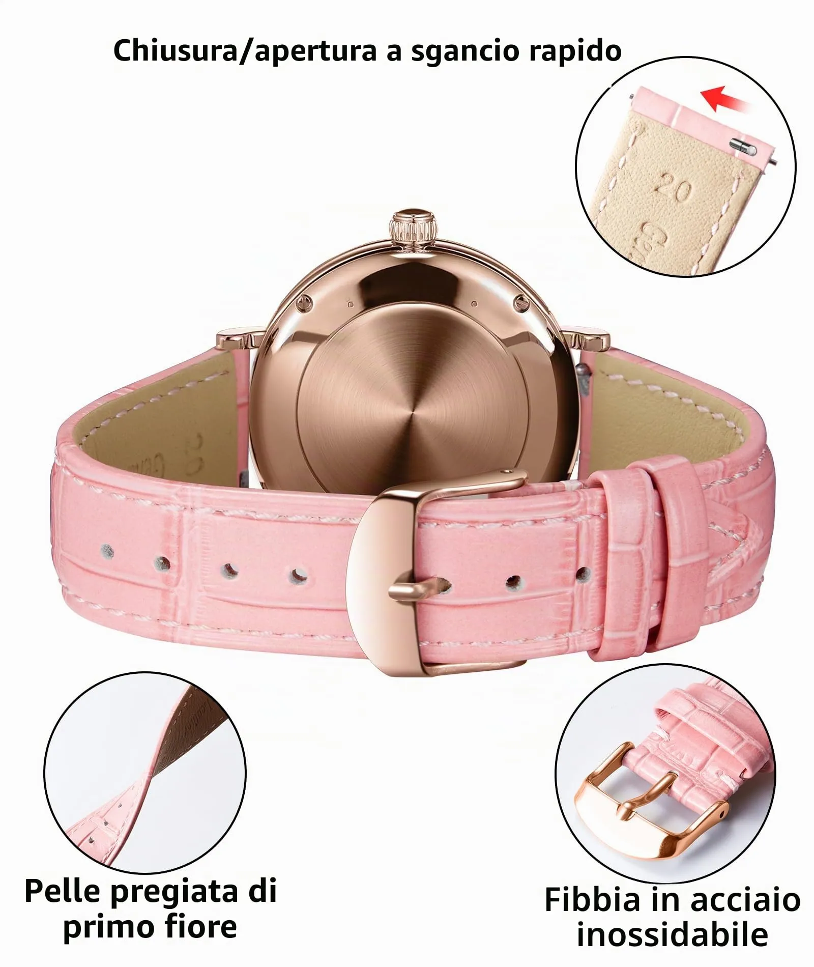 BINLUN Cinturino per Orologio in Vera Pelle di Vitello a Sgancio Rapido, 22mm, Gr-rosa - immagine 3