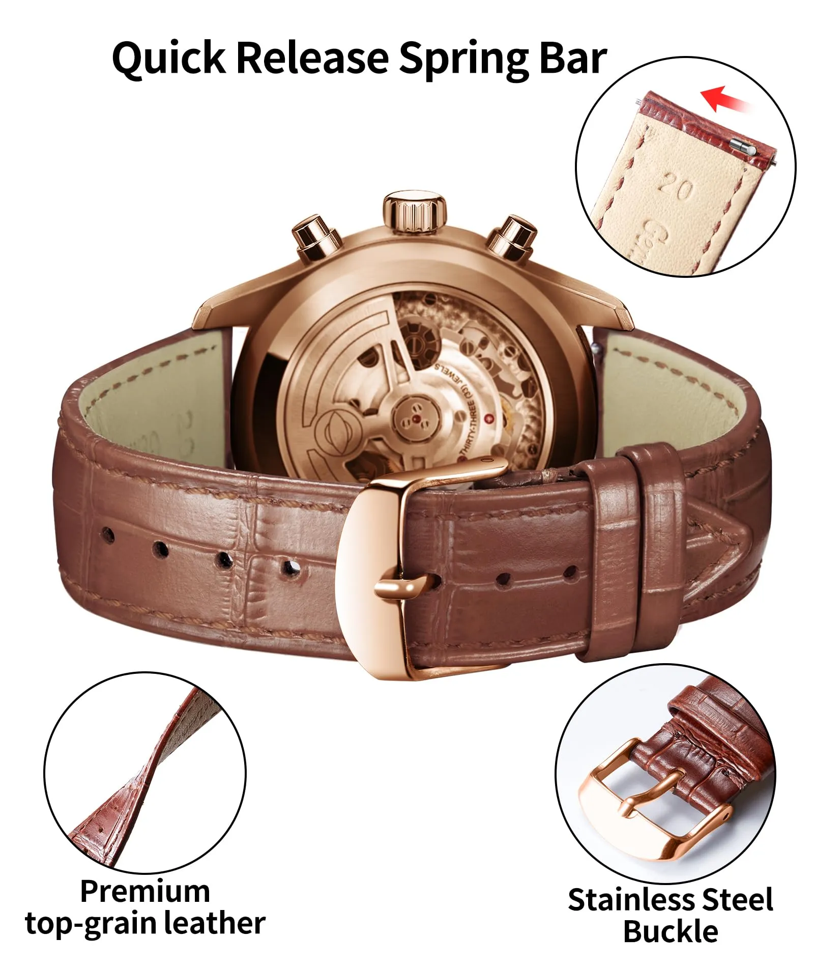 BINLUN Cinturino per Orologio in Pelle di Vitello a Sgancio Rapido 22mm, Motivo Coccodrillo - immagine 3