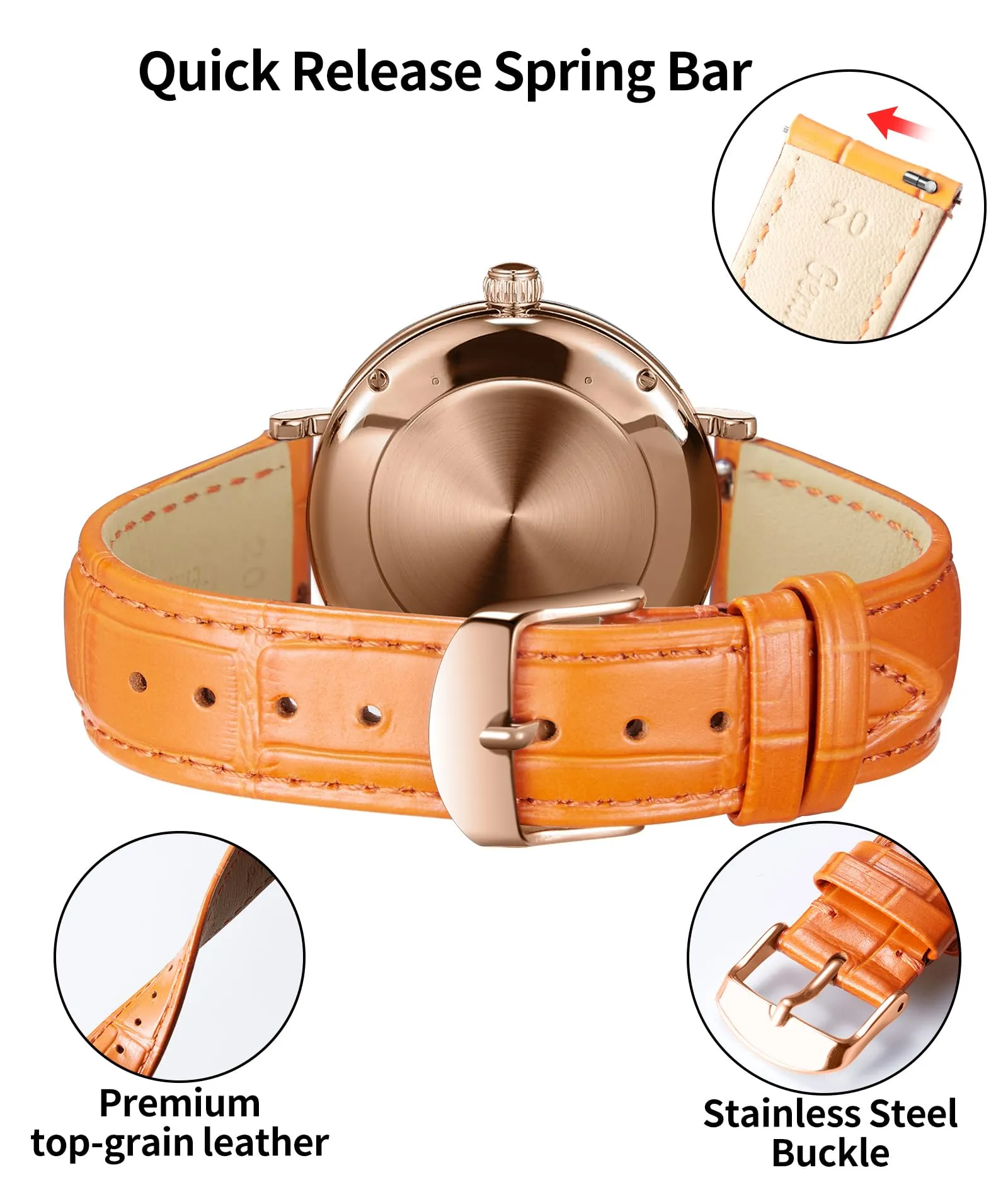 BINLUN Cinturino per Orologio in Pelle di Vitello a Sgancio Rapido, 14mm, Grigio Arancione - immagine 3