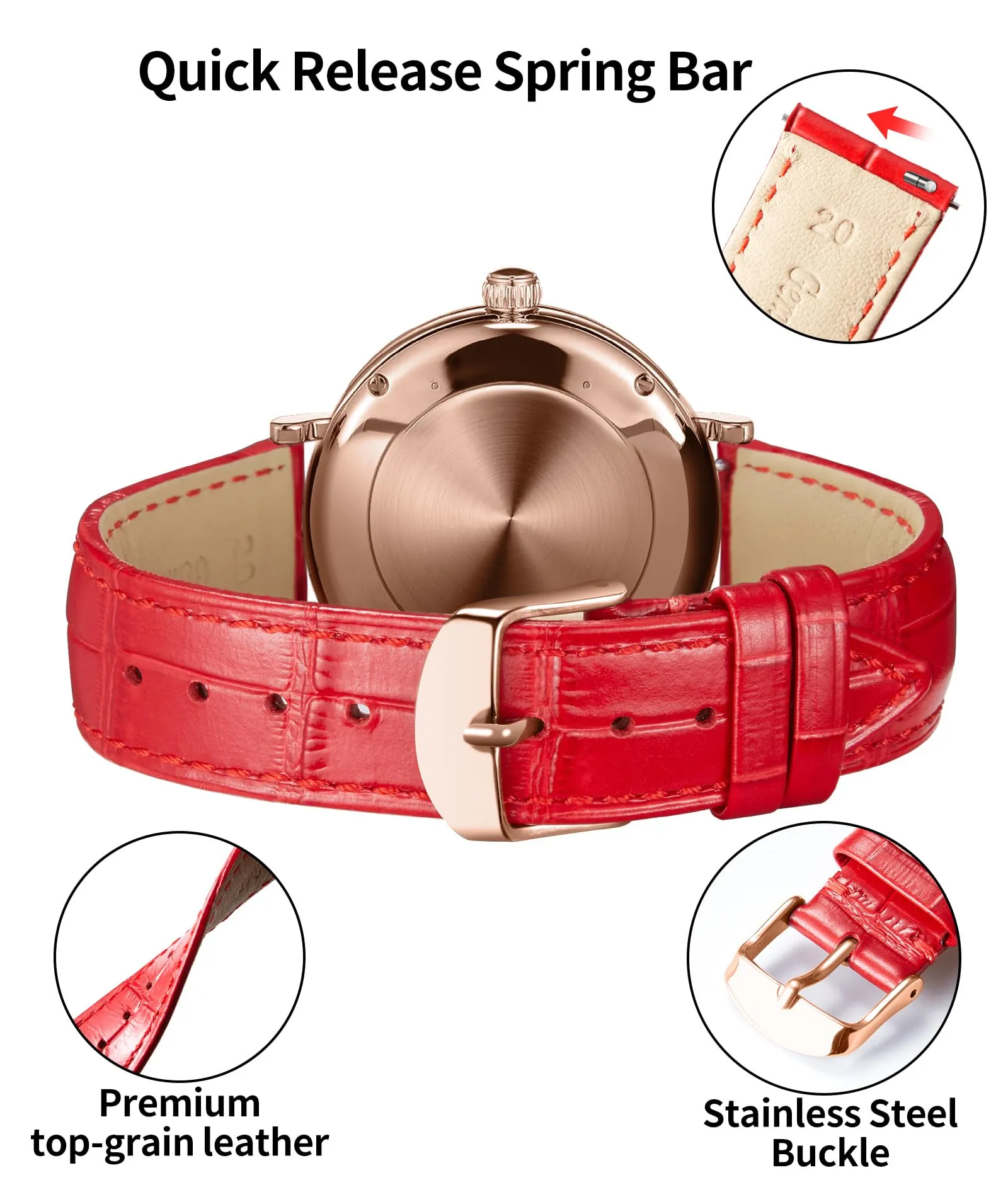 BINLUN Cinturino per Orologio in Vera Pelle di Vitello a Sgancio Rapido 20mm - immagine 3